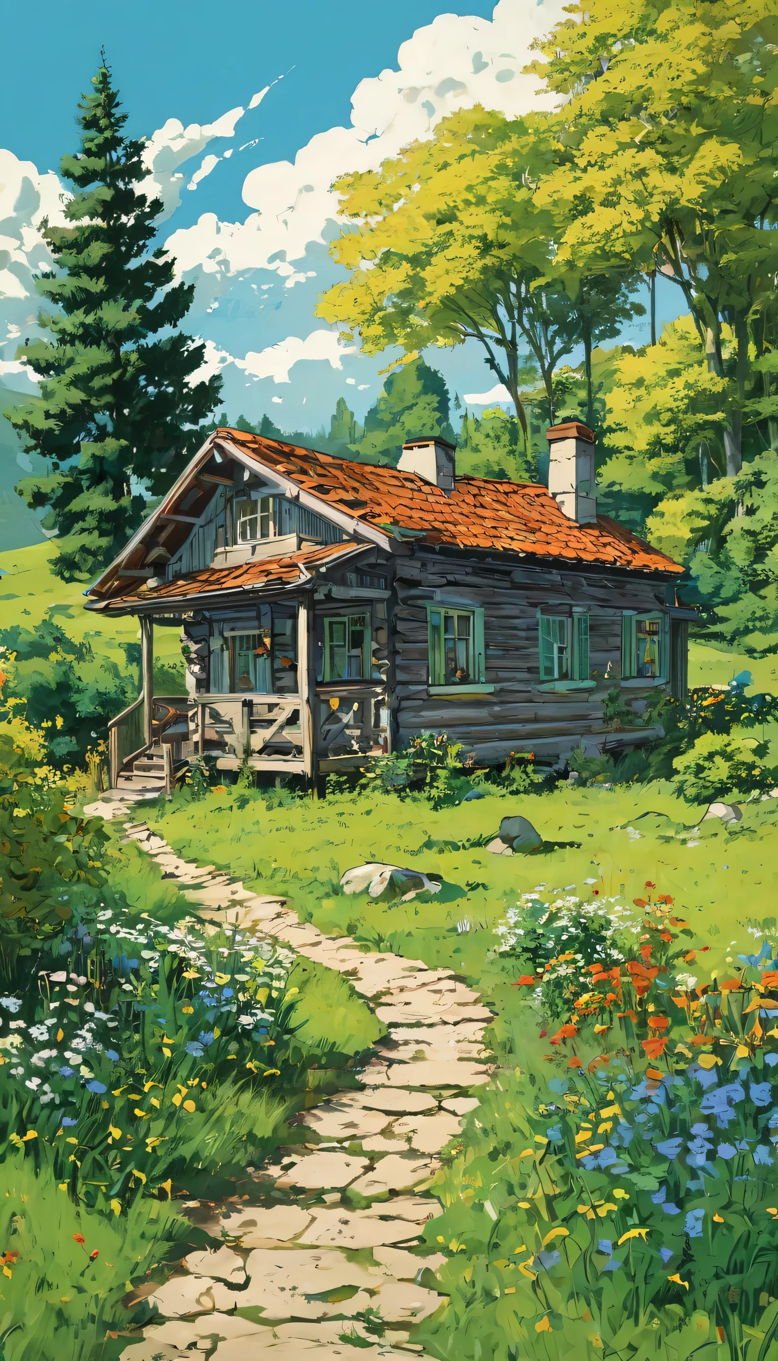 (Minimalism: 1.4), rich details draw simple art in the style of Tintin,a*
*"A digital illustration of a rustic cabin in a vibrant natural landscape, with a style similar to Tintin art!!!!. The cabin has a roof of aged red tiles with irregular texture and shadows that add depth to Tintin style!!!!. Its walls are made of worn stone with small cracks and moisture stains, while the door and windows are made of old wood with marked grains and a dark brown tone Tintin Style microdetail!!.
In front of the cabin, a dirt path with small stones and footprints leads to the entrance, surrounded by green grass and yellow wildflowers in various positions. Large leafy trees of dark and light greens frame the scene, generating contrast with the sky in the Tintin style.
The sky is bright blue with large white fluffy clouds, suggesting a sunny day. The lighting is warm and natural, with soft shadows on the ground and in the house, indicating that the sun is high in the sky. The combination of warm, natural tones, such as vibrant greens, earthy browns, bright yellows and soft blues, creates a peaceful and welcoming atmosphere.
Well-defined edges with soft lines and marked contours reinforce the Tintin style illustrative style!!!!, while the shadows and lights applied with subtle brushstrokes generate a three-dimensional effect without losing the artistic aesthetic."*
TINTIN Style microdetail!!! ultra HD, professional.