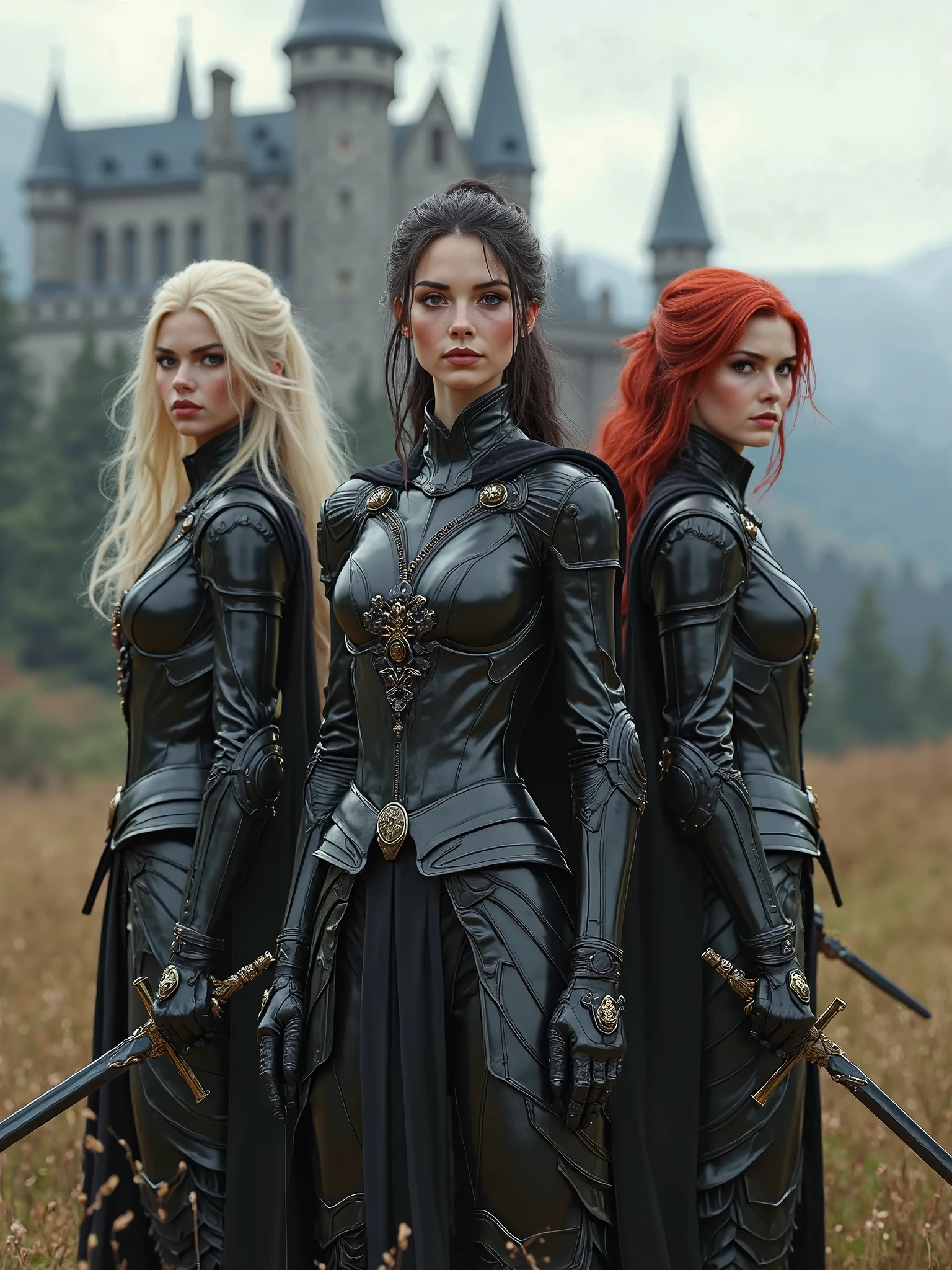 A 40-year-old bald man dressed in black leather, Behind a 35-year-old woman with white hair, another 35-year-old woman with blonde hair and another 3 woman with dark hair taller than the others, dressed as musketeers, futuristic fantasy style