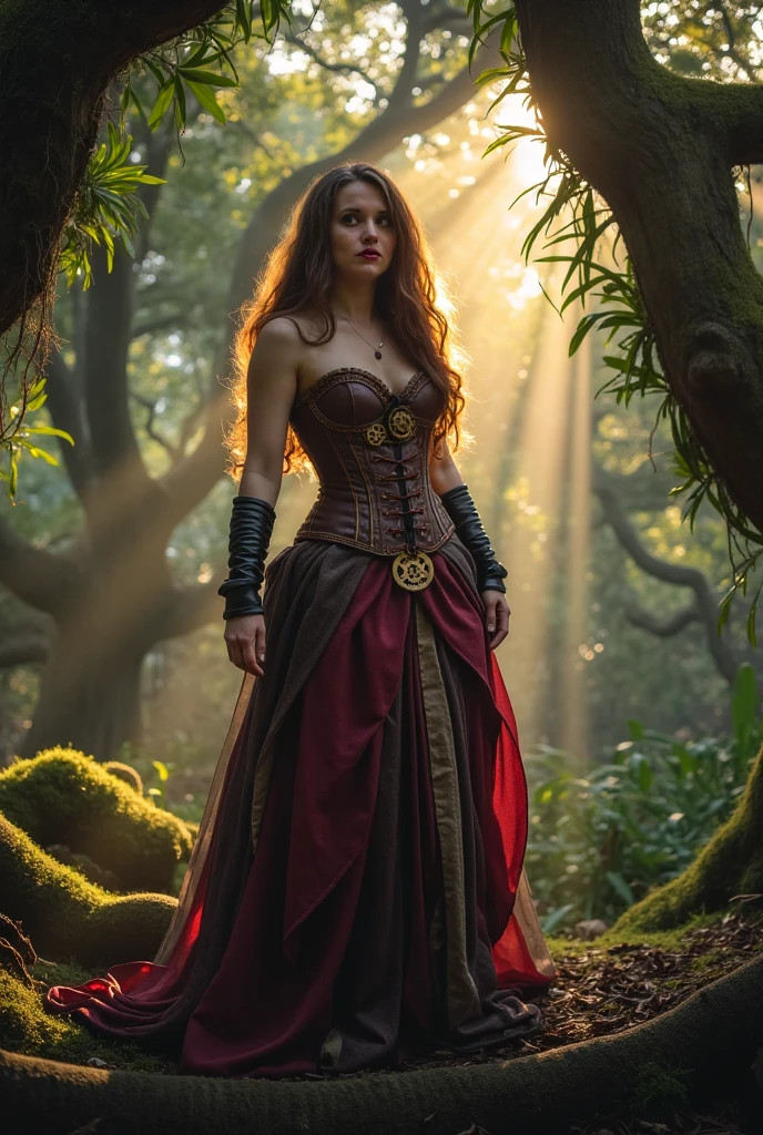 In the middle of a large ancient forest，The beautiful woman has a leather whip in her hand，Wear a tight uniform，Black stockings on her legs，Wear high heels，Beauty leg length，Big chest，Riding a strong Chinese dragon