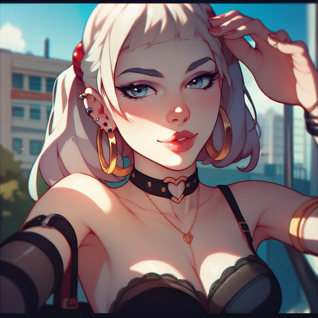 (UHD, Retina, Masterpiece, Accurate, Anatomically Correct, Textured Skin, Ultra Detailed, High Detailed, High Quality, Best Quality, High Resolution, 1080P, HD, 4K, 8k, 16k), (Beautifully Detailed Eyes, Beautifully Detailed Lips, Highly Detailed Eyes and Face), anime texture,Pop art, illustration, retro poster,Perfect Face, Beautiful Face, ((35 years old woman)), Necklace, earrings, black camisole, skirt,High heels,Long Wavy Hair, Silver Hair,Alone, Upper Body, Cleavage, (Big Breasts 1.3),Model Body Type, ((round black Sunglasses)),(pilot Sunglasses),(Red Lips), (Thin Sharp Eyebrows 1.9),(long-shaped face 1.5), from behind, full body,pink romantic and nostalgic atomosphere,street,outdoor,Neon Light