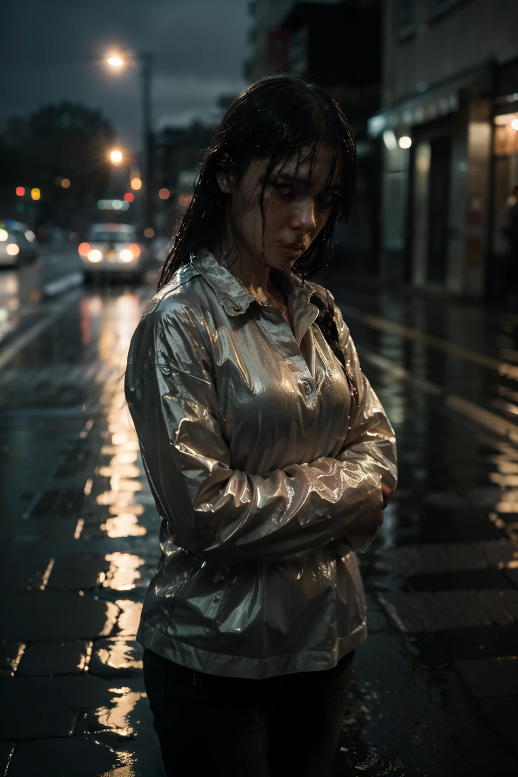 best image quality, masterpiece, super high resolution, (fidelity:1.4), photo, 1 girl, white shirt, torn mini pants, white sneakers, dim, darkness, despair, pity, poor, movie, tears, teardrops, (torn clothes:1.5), (wet clothes:1.4), bare shoulders, real rain, wet hair,..