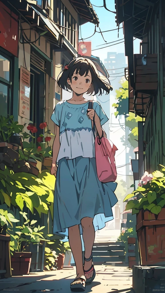 (8k),(masterpiece),(Japanese),(),((Innocent look)),((Childish)),From the front and above,smile,cute,Innocent,Kind eyes,Flat chest,No Bra,No Panties,No pubic hair, Nipples sticking out on clothes,Wet Semi Transparent White mini dress,(Carrying a red backpack),semi-long,Hair blowing in the wind,Black Hair,Somewhat strong wind,noon,bright, lift skirt with hand