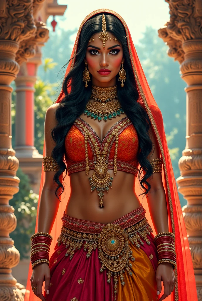 a beautiful indian goddess, slim figure, intricate ornate costuming, long flowing hair, provocative pose, deep cleavage, extra large boobs,extremely detailed, hyperrealistic, photorealistic, 8k, cinematic lighting, dramatic colors, hindu aesthetic, stunning beauty, masterpiece