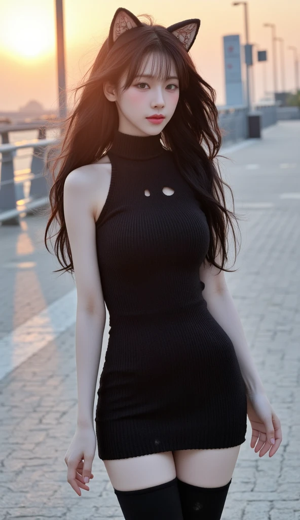 1girl, 175cm,korean model, 23 years old,soft body, pink hair, wavy hair,whole body, hair reaches waist, whole body,((head to leg)),black bracelets,black chain,((tight dress)), black tall boots,large earrings,close-up, 8k, RAW photo, best quality, masterpiece,realistic, photo-realistic,seductive,cute, erotic pose, leaning on wall
