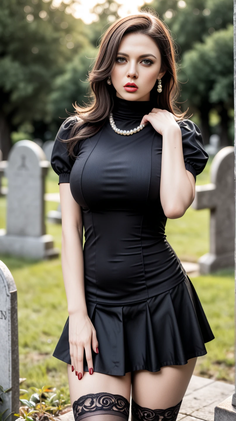 8K quality, ultra-high definition realism, a voluptuous beautiful Italian mature woman, a widow in mourning clothes, her black mourning clothes are a tight dress, she has a large chest and buttocks, her chest and buttocks are about to burst from the dress that is squeezing her voluptuous body, there is lace on the chest, black lace is also used at the hem of the skirt, the length of the skirt is a mini-length above the knee, her black hair is tightly braided and tied up, she has green eyes, her face showing a sad expression is very white and beautiful, the men around her flock to her, because she has become such a sexy widow, the afternoon sunlight of an autumn day, the light is slightly oblique and backlit, the shadows are deep, the cemetery on a green hill, the sky is thin clouds swaying in the wind, the afternoon sunlight of an autumn day is gentle.