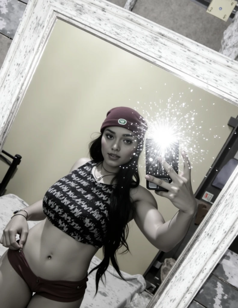 Latin woman of approximately 24 years old, stomach 1.72 meters posing with his entire body naked, with legs open, She is white and has green eyes, He has turquoise hair. He is inside a gray room, posing with her buttocks open towards the camera (image as if it were a photo) , while leaning on the bed with his hands, she is very pretty and hot. She is excited and looks pleased.