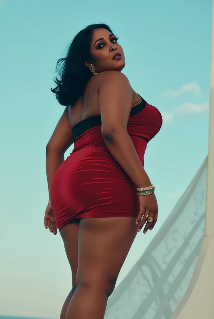Indian chubby mature women in transparent red dress back profile
