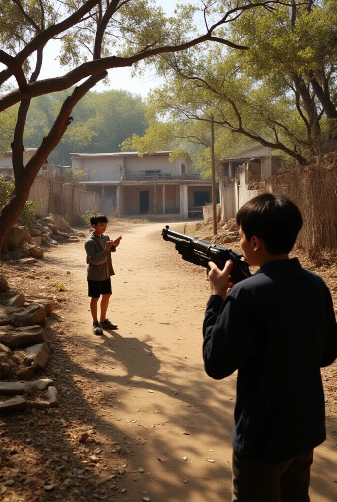 realistic photo of two children (of masculine gender) grappling with a gun(similar to a shotgun) on the terrace of a house. The photo is taken from a security camera children with different clothes and approximately , brown colored gun