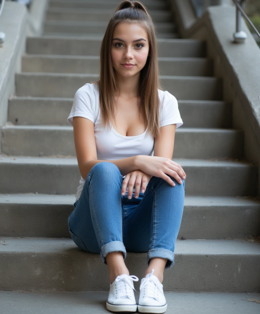 ((best quality)), ((masterpiece)), (detailed), one girl with long blond hair, laugh in night street, black crop top, black skirt, sitting on wall, beautiful legs, nike shoes, high socks, tublr pose