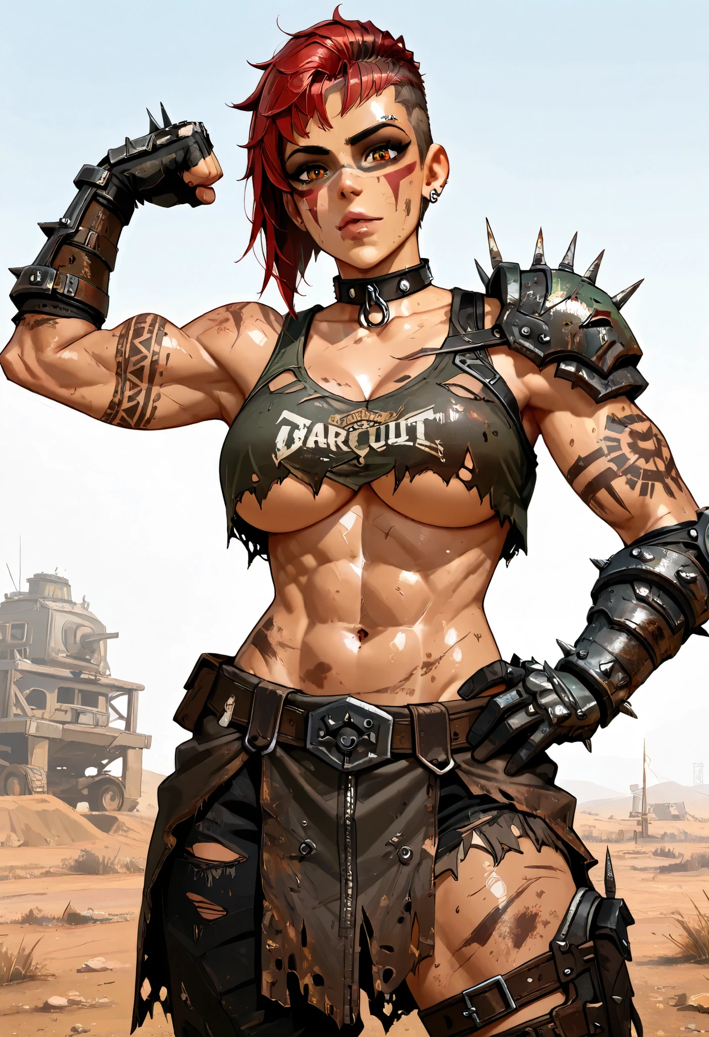 ((( whole body ))), master part, best quality , super detail beautiful woman, Tank Girl com cara de maluca, whole body, redhead Asymmetric Undercut Haircut hair, punk girl, post-apocalyptic world, torn and dirty clothes , Asymmetric Undercut Haircut, sides of shaved head, Clean face with dark make-up, tribal tatoos on body, raider outfit from fallout, raider girl, piercing, face paint,makeup, shirt,midriff,collar,armor,collarbone,gauntlets,bare shoulders,single pauldron,underboob, standing, cleavage,looking at viewer, flexing,from below, outdoors, wasteland, Toned raider girl, amber eyes, raider attire, raider girl from fallout, dark make-up, tribal tattoos