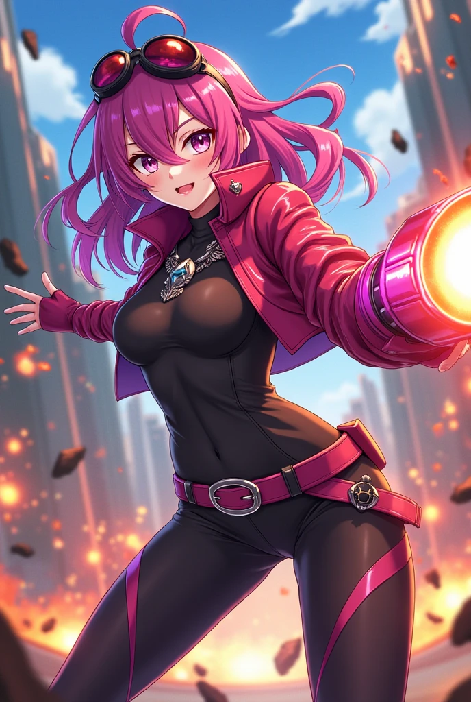 a girl，long red hair，Purple Eyes，blush，Female high school student，student，Black vest，Super detailed zipper，mini skirt，Knee socks，Rendering，best picture，looking into camera long twin tails，fighting stance，((flame))