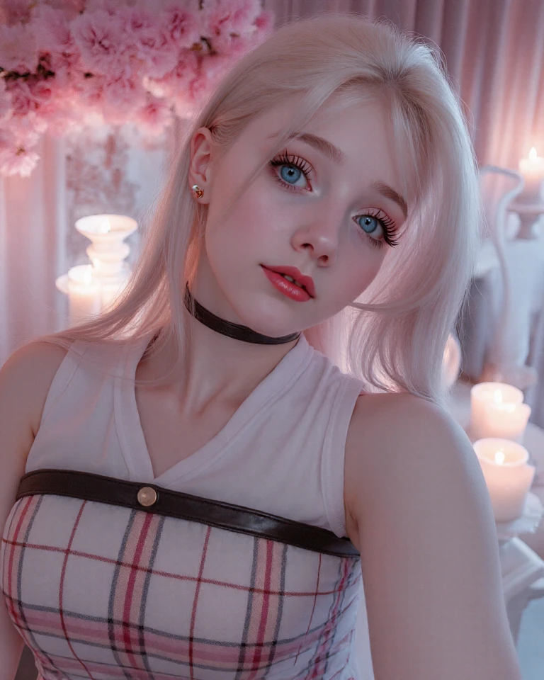 Masterpiece, best quality, 1 girl,small,หน้าอกsmall,short hair,white hair,Sharp teeth,canine,choker,blue eyes,heart shaped student,Devil's Horn,Blush,(outdoor,Pavement surface,traffic light,road signs),look at viewer