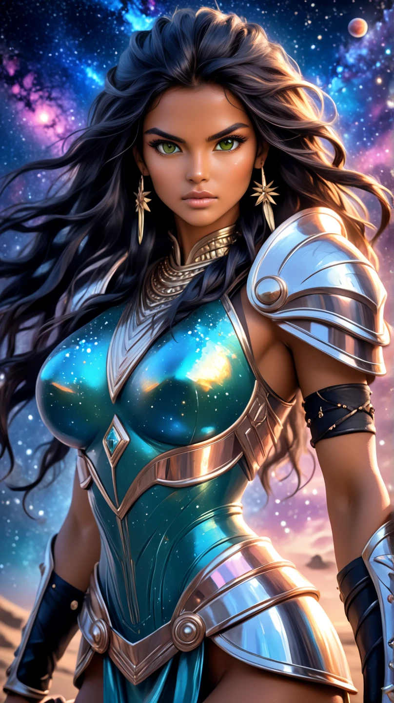( Masterpiece, 4k resolution, ultra-realistic, very detailed) Sexy star sapphire cosmic super heroine (wears a tiara/headband) photography by artgerm, in the style of realism, glistening skin, cartooncore, mangacore, natural lighting, Defined full lips. Muscular fitness feminine body (In space) (ponytail)