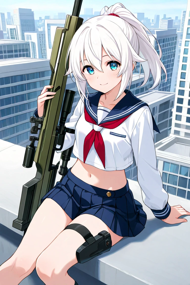 One person, High resolution, Long Hair, Gaze, smile, masterpiece, accurate, Highest quality, Ultra high definition, Large Breasts, Sailor suit、high school girl、hoot the handgun、Urban background、Shoot a handgun、battlefield、rifle、machine gun