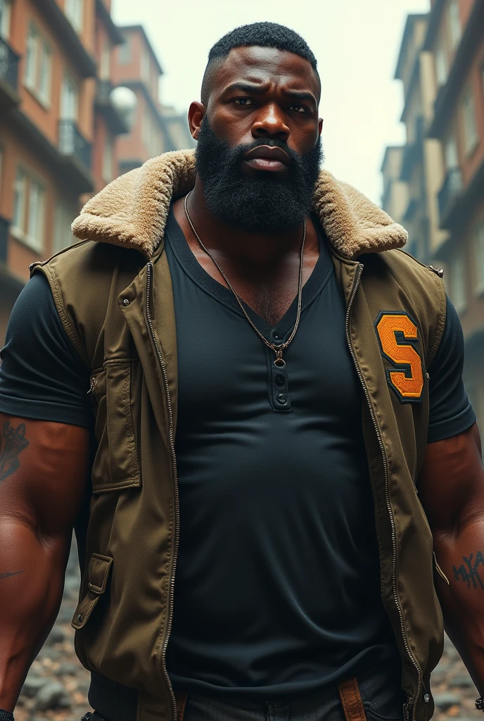 an exaggeratedly muscular and large bodyguard, robust build, Beard, dark-skinned African man, blonde beard surprised expression, afro hair