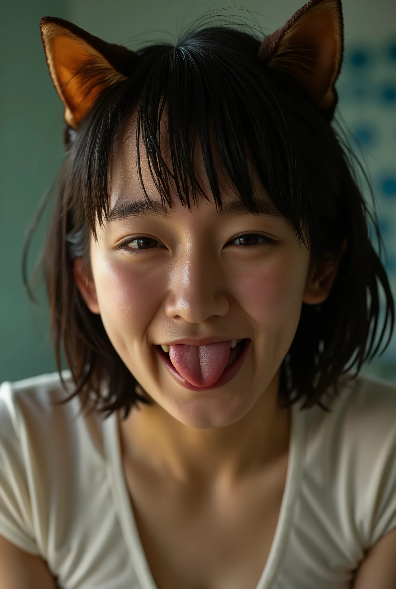 (8k、 RAW photo 、 best quality 、masterpiece:1.2)、( exists、 Photorealistic )、hairstyle is bob、 Red Face 、, which is slanted 、 My Face Is Sweaty 、 my hair is wet、 open your mouth slightly、 They Are Short Sleeves We 、 Bob Haired Face 、Dimples、 white 、 is sticking out its tongue、 I'm ejaculating with my tongue 、 cat ears are brown