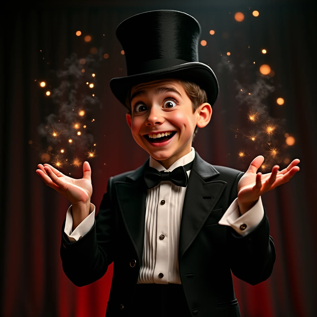 A backyard with a small stage and a curtain. A young boy dressed in a magician’s outfit is performing magic tricks for a group of friends sitting in a circle. The friends are eagerly watching, clapping, and smiling