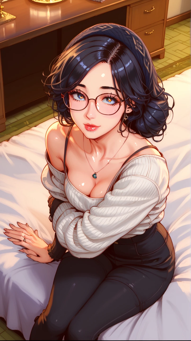 Beautiful female, golden eyes, blue curly hair, chubby, ecstasy expression, big boobs, short hair, navy pajamas, lace, sitting on bed, ecstacy, pleading eyes, chubby, thick framed glasses