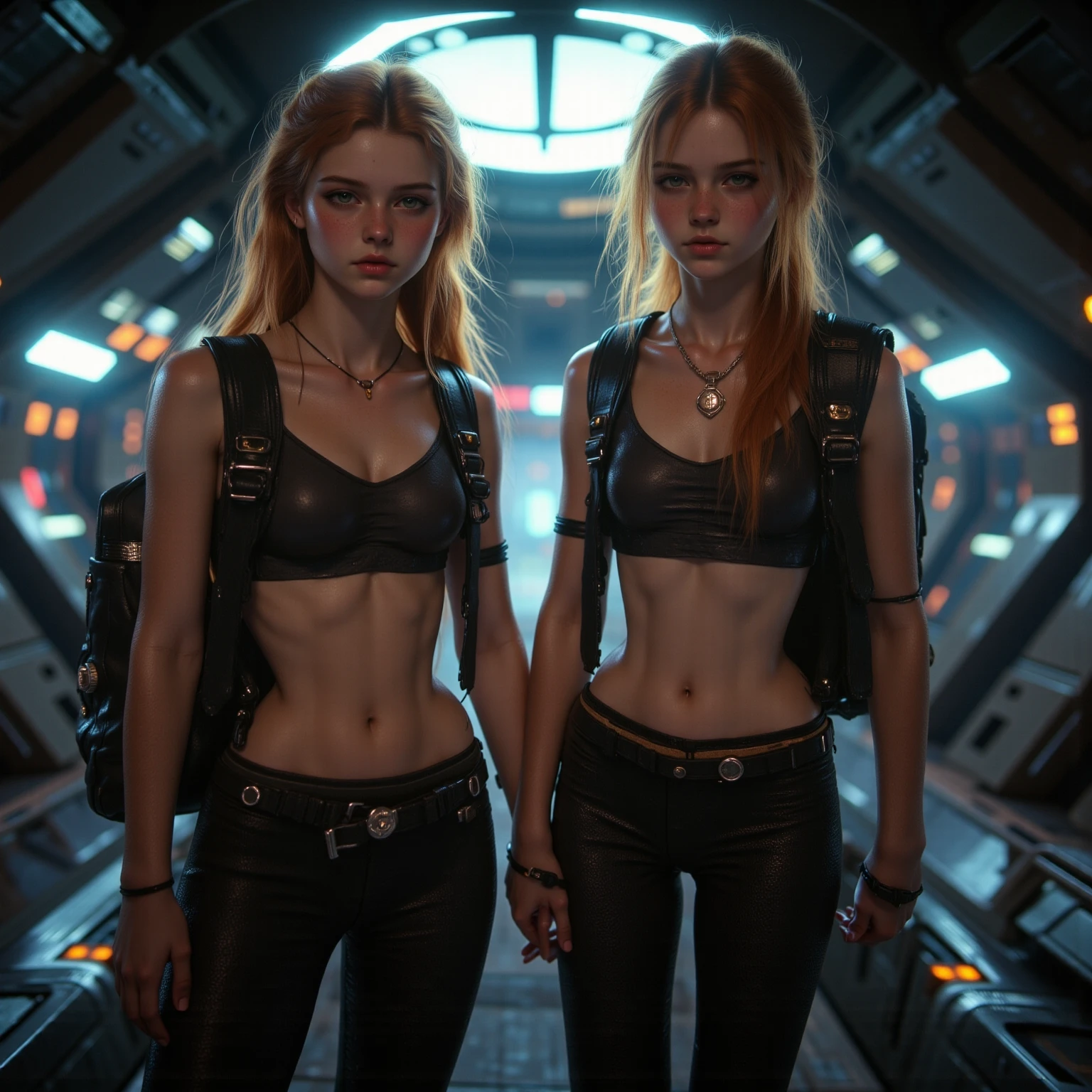 A beautiful 2 woman, short wild orange messy hair, shirtless looking at camera, long skirt, standing in a floot of a big space station end before a window, Spaceship flying in the background, detailed and realistic with sun and planets and moons at more intense and dramatic