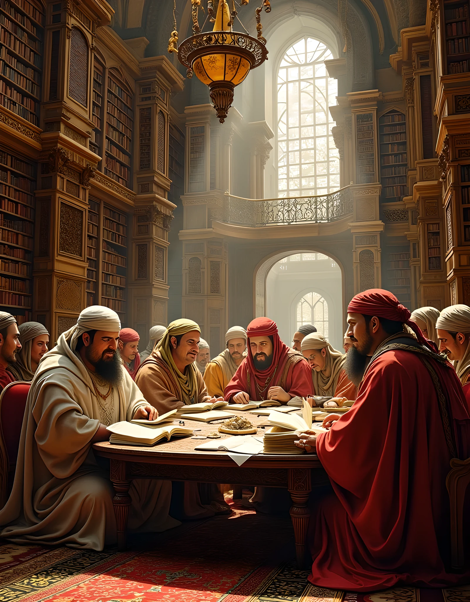**Prompt:** Create a hyper-realistic, wide-angle image centered in a medieval Islamic library, showcasing a group of intricately detailed Arabic thinkers engrossed in their reading and discussion. All participants should be depicted wearing traditional medieval Arabic robes and turbans, holding ancient texts. And the books on the centered table. The scene should capture a moment of intellectual exchange, highlighting the depth of scientific debate and study. Utilize cinematic angles to emphasize the symmetry and balance of the composition, with leading lines guiding the viewer's eye through the lush library filled with bookshelves in the background. Implement a mixed lighting concept to enhance the mood, creating a UHD ambience that reflects the warmth of the era. Pay attention to hyper-realistic textures and lifelike fully human anatomy, ensuring that the characters appear fully human and relatable. This artwork should strive for a level of detail and quality reminiscent of award-winning documentary photography, suitable for platforms like National Geographic and stemming from the creative realms of ArtStation and DeviantArt. Aim for an ultra-realistic and visually stunning piece that captures the essence of scholarly pursuit in a historical context.