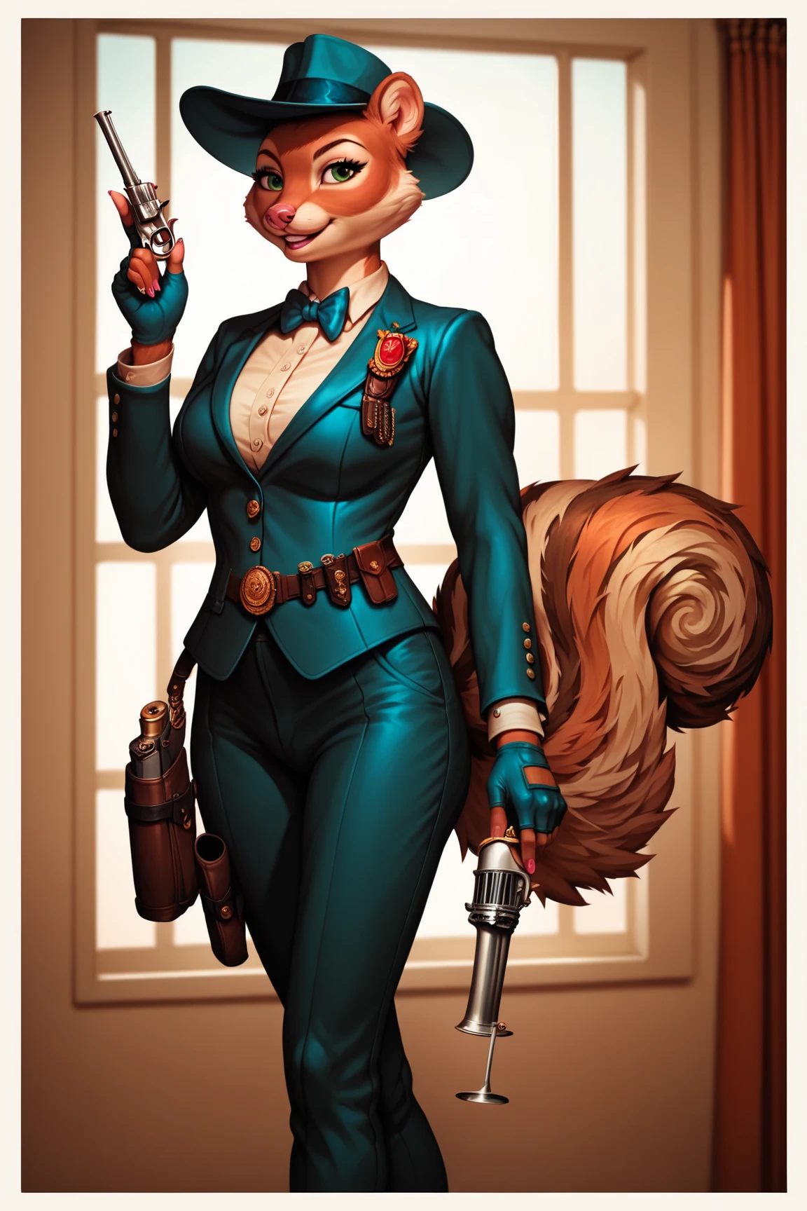 female squirrel, in elegant suit of 19 century style , in hat, hostel on belt with revolver inside, fingerless gloves, fluffy fur, squirrel tail,Character Design page