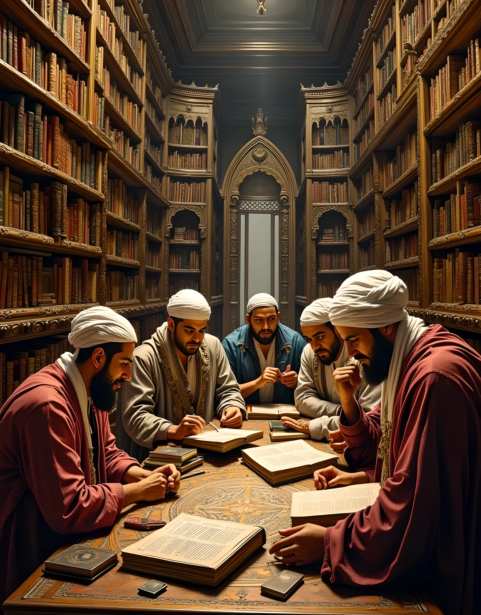 **Prompt:** Create a hyper-realistic, wide-angle image centered in a medieval Islamic library, showcasing a group of intricately detailed Arabic thinkers engrossed in their reading and discussion. All participants should be depicted wearing traditional medieval Arabic robes and turbans, holding ancient texts. The scene should capture a moment of intellectual exchange, highlighting the depth of scientific debate and study. Utilize cinematic angles to emphasize the symmetry and balance of the composition, with leading lines guiding the viewer's eye through the lush library filled with bookshelves in the background. Implement a mixed lighting concept to enhance the mood, creating a UHD ambience that reflects the warmth of the era. Pay attention to hyper-realistic textures and lifelike human anatomy, ensuring that the characters appear fully human and relatable. This artwork should strive for a level of detail and quality reminiscent of award-winning documentary photography, suitable for platforms like National Geographic and stemming from the creative realms of ArtStation and DeviantArt. Aim for an ultra-realistic and visually stunning piece that captures the essence of scholarly pursuit in a historical context.