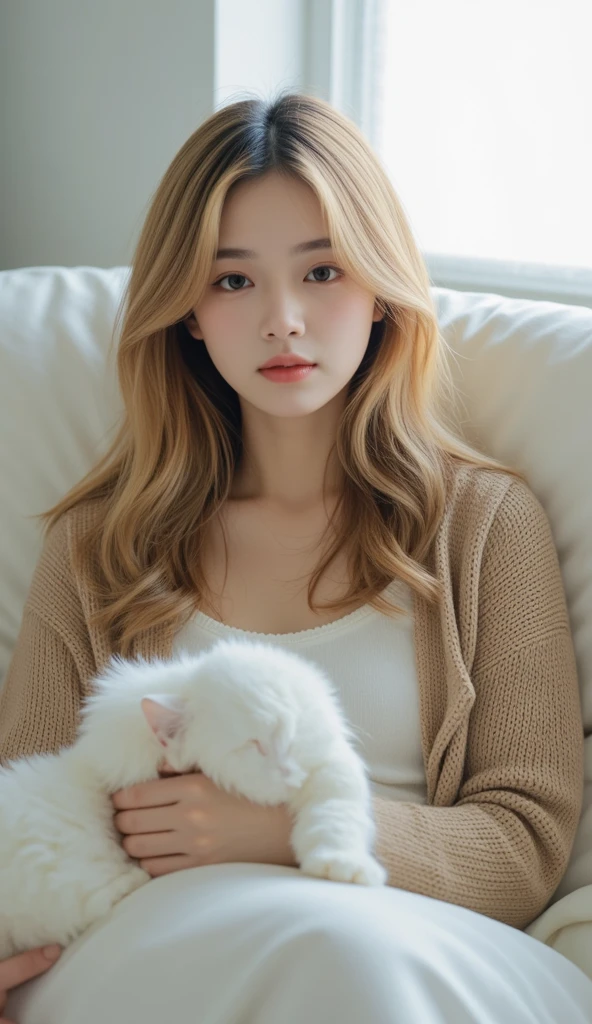 arafed woman sitting on the floor holding a teddy bear, anna nikonova aka newmilky, lalisa manobal, with white fluffy fur, amouranth, sun yunjoo, better known as amouranth, ginger hair and fur, blonde girl, soft and fluffy, cute young blonde girl, in white clothes, very beautiful cute catgirl