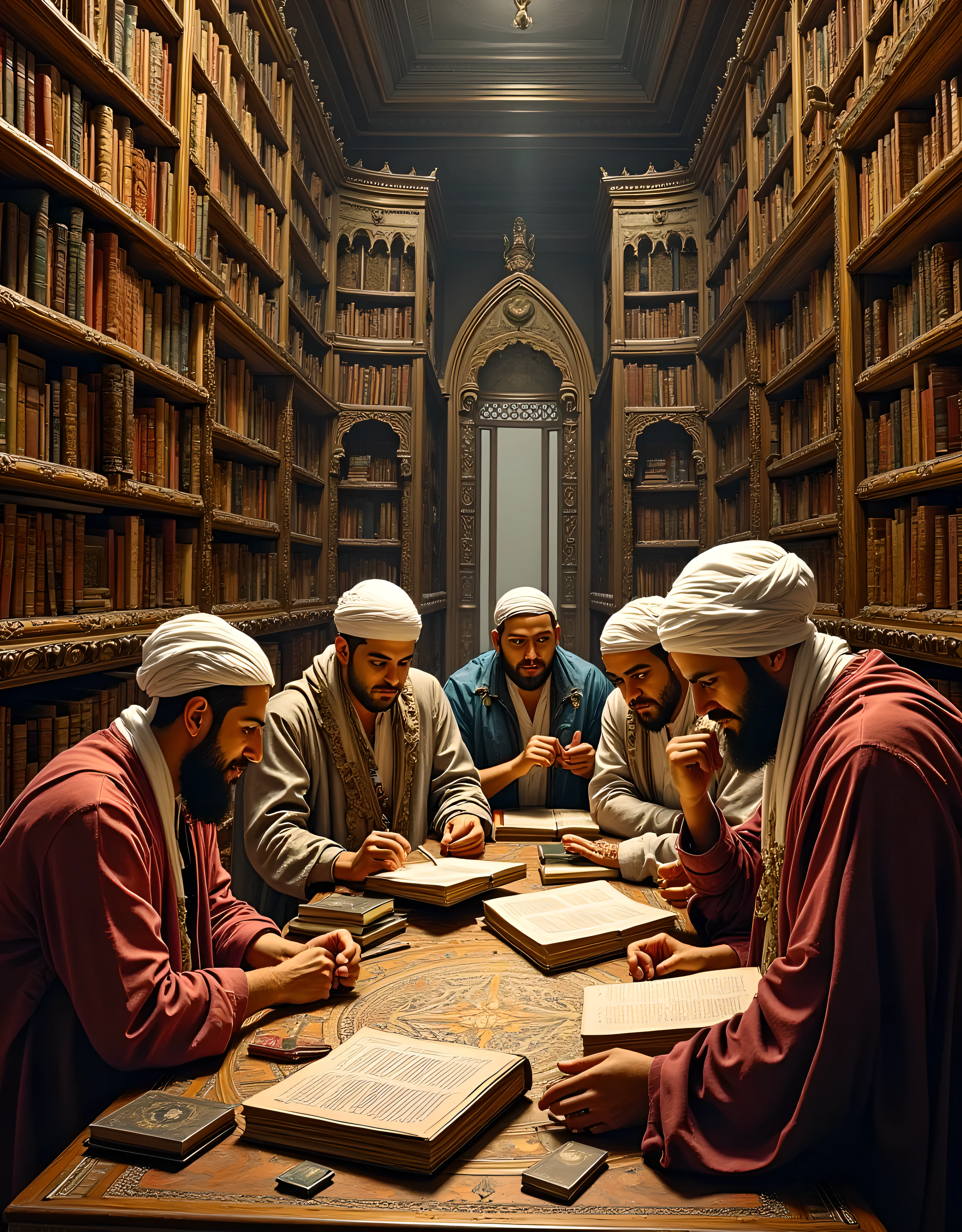 **Prompt:** Create a hyper-realistic, wide-angle image centered in a medieval Islamic library, showcasing a group of intricately detailed Arabic thinkers engrossed in their reading and discussion. All participants should be depicted wearing traditional medieval Arabic robes and turbans, holding ancient texts. The scene should capture a moment of intellectual exchange, highlighting the depth of scientific debate and study. Utilize cinematic angles to emphasize the symmetry and balance of the composition, with leading lines guiding the viewer's eye through the lush library filled with bookshelves in the background. Implement a mixed lighting concept to enhance the mood, creating a UHD ambience that reflects the warmth of the era. Pay attention to hyper-realistic textures and lifelike human anatomy, ensuring that the characters appear fully human and relatable. This artwork should strive for a level of detail and quality reminiscent of award-winning documentary photography, suitable for platforms like National Geographic and stemming from the creative realms of ArtStation and DeviantArt. Aim for an ultra-realistic and visually stunning piece that captures the essence of scholarly pursuit in a historical context.
