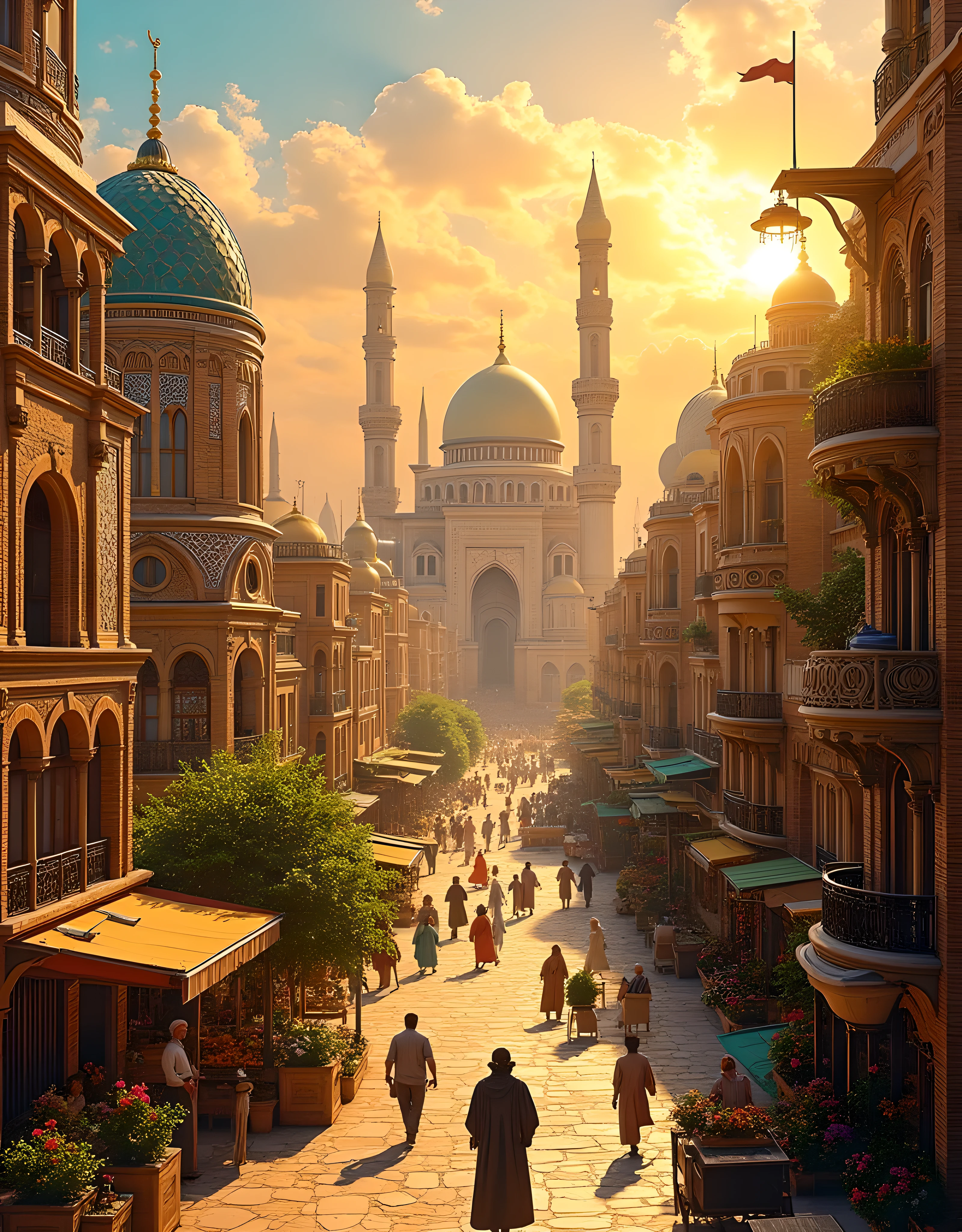 **Prompt:** Envision yourself as a historian strolling through the enchanting streets of the Round City of Baghdad during its Islamic golden age in the 8th century. Feel the pulse of the City of Peace (Madīnat as-Salām) surrounding you, where grand architecture reflects the visionary ambitions of Abbasid Caliph al-Mansur. Picture the interplay of colors as the sun sets, casting golden hues on the domes and intricate tile work inspired by Persian designs. Hear the lively chatter of merchants vying for attention, the melodic recitations of scholars sharing groundbreaking ideas, and the rhythmic sounds of artisans honing their crafts. Inhale the fragrant scents of spices wafting from bustling markets and blooming gardens. As you explore, immerse yourself in the vibrant dialogues that shape the vicinity of knowledge and innovation. What awe-inspiring discoveries captivate your mind, and how do they contribute to the flourishing of ancient civilization? Capture these vivid scenes through your creative lens, emphasizing hyperrealistic details that bring to life the richness of this extraordinary era. (mixed lighting concept), (fullest depth of fields),