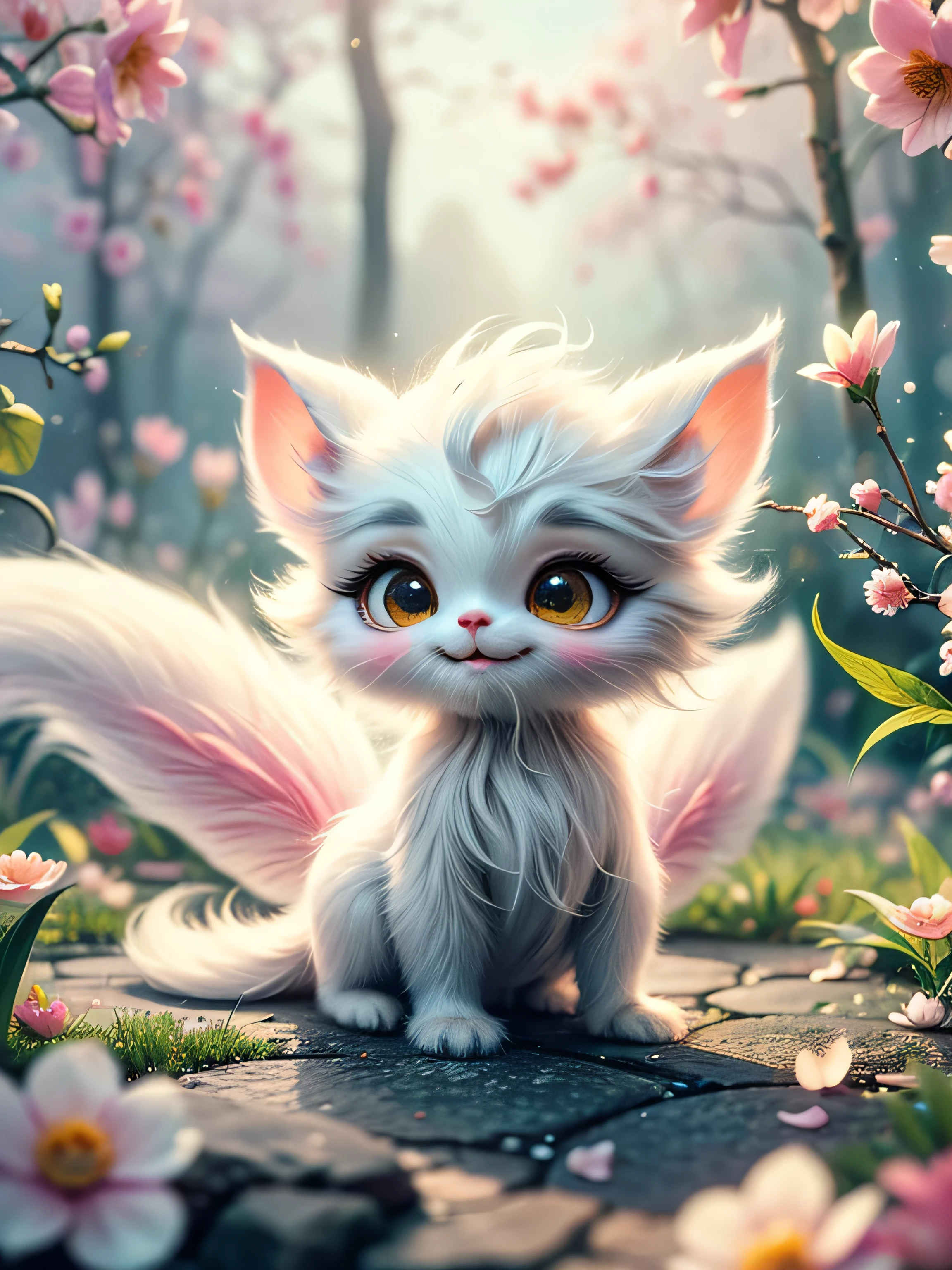 whimsical airbrush and oil painting, best angle of a Very cute mythical graceful transparent anthropomorphic furry creature holds jasmine flower, thin arms, fragile thread legs, jasmine flower spirit, Mystical garden where white jasmine grows in a professional photograph by Awwchang :: Luis Royo :: WLOP :: Artgerm Lau :: Anne Stokes :: natural deep colors