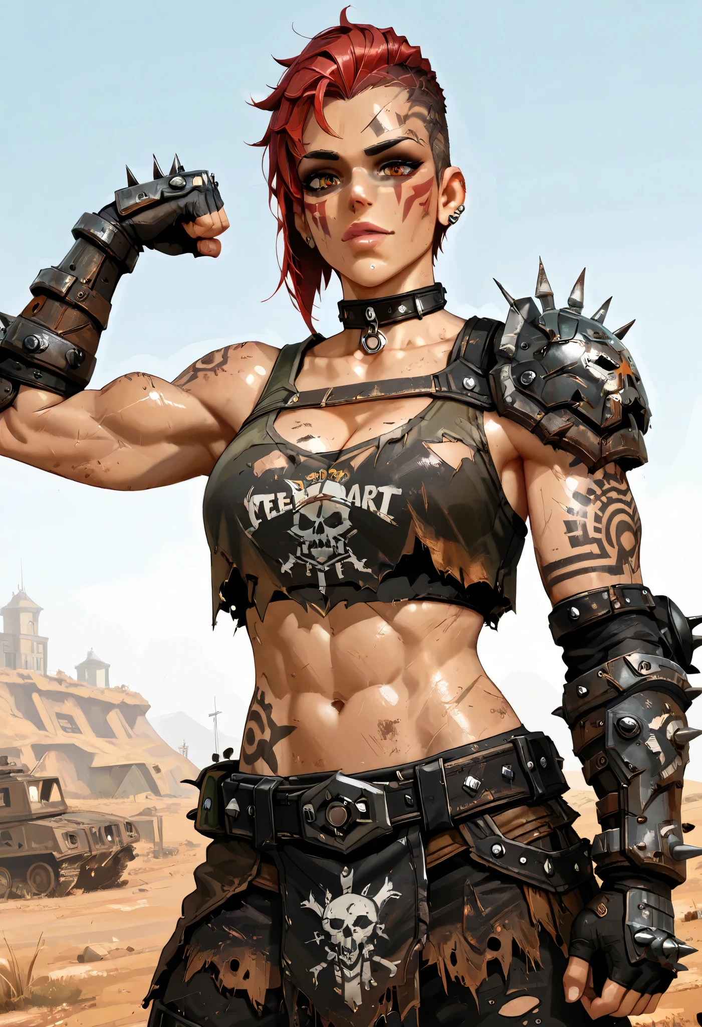 ((( whole body ))), master part, best quality , super detail beautiful woman, Tank Girl com cara de maluca, whole body, redhead Asymmetric Undercut Haircut hair, punk girl, post-apocalyptic world, torn and dirty clothes , Asymmetric Undercut Haircut, sides of shaved head, Clean face with dark make-up, tribal tatoos on body, raider outfit from fallout, raider girl, piercing, face paint,makeup, shirt,midriff,collar,armor,collarbone,gauntlets,bare shoulders,single pauldron,(underboob:0.65), standing, cleavage,looking at viewer, flexing,from below, outdoors, wasteland, Toned raider girl, amber eyes, raider attire, raider girl from fallout, dark make-up, tribal tattoos