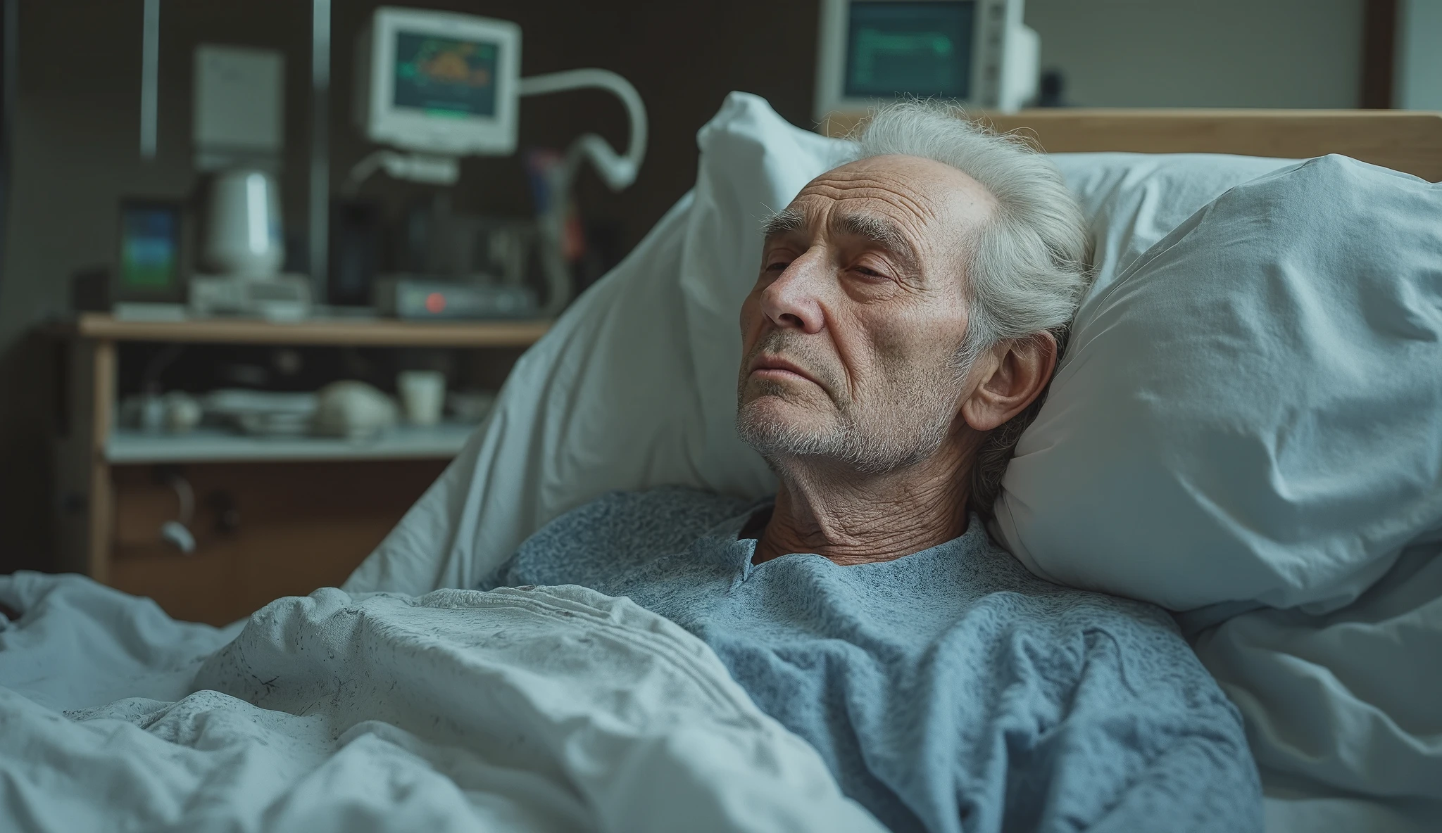 An elderly man resting in his hospital bed, with a serene and tired face. The monitors emit a soft hum in the room. A faint light illuminates his face, while in the background, memories of his youth fade away—happy moments from his life, like his marriage and ren. The atmosphere is peaceful, as if he is at peace with himself, accepting the passage of time.