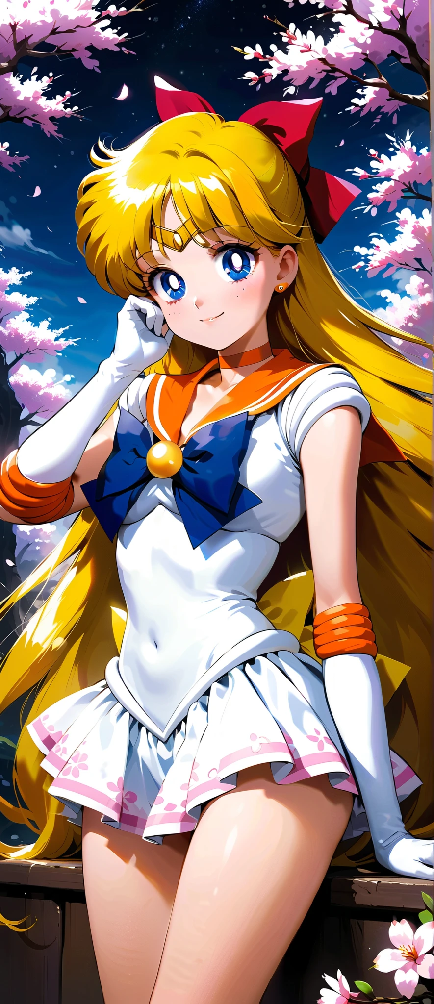 masterpiece, best quality, very aesthetic, ultra detailed, intriguing details, aavenus, long hair, blonde hair, hair bow, tiara, earrings, blue eyes, orange choker, orange sailor collar, blue bow, white shirt, elbow gloves, white gloves, small breasts, hand on own face, 1girl, «usagi's birthday», white cherry blossoms printed, smile, detailed background, intricate details, very night, Various sexy poses, Enchanting Eyes, focus drawn to eyes, highly detailed eyes