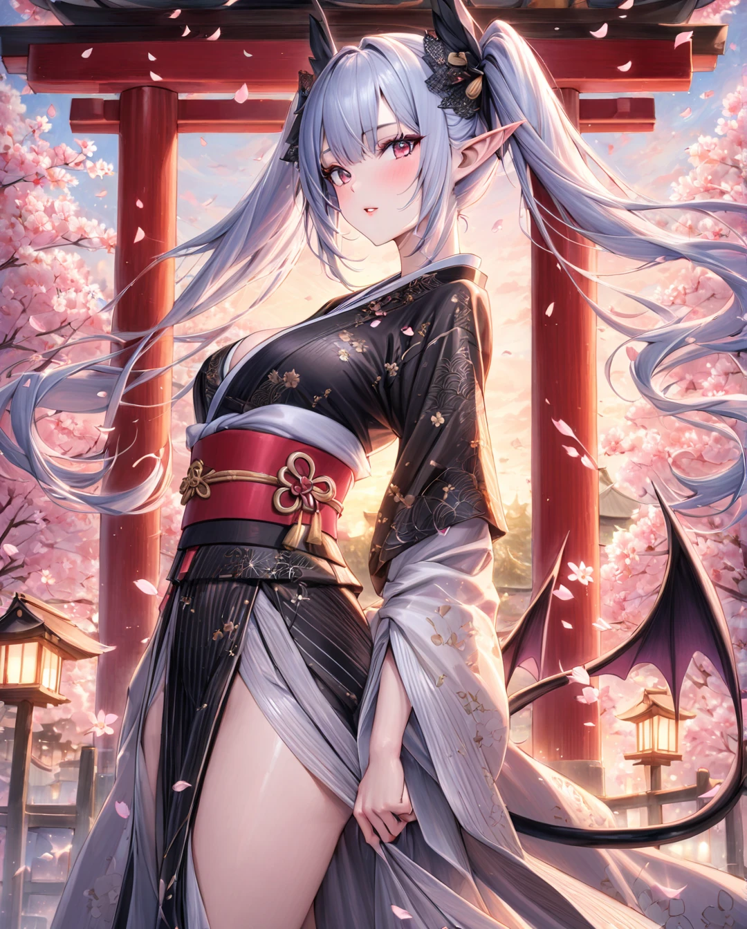 ((masterpiece, best quality)), (zentangle, mandala, tangle, entangle), (fractal art:1.3), dark elf girl standing in front of bloody full-moon, design by Yoshitaka Amano, red kimono, background flock of butterflies,high resolution, frank frazetta, BREAK, highly detailed of (dark elf), (1girl), solo, perfect face, details eye, ponytail, Blunt bangs, (hair between eye), white hair, violet eyes, fantasy art by Artgerm, by Kawacy, by Wadim kashin, BREAK, eyelashes, eyeshadow, pink eyeshadow, (dark skin:1.2), glaring, smile, medium breast, BREAK, extremely detailed, dynamic angle, cowboyshot, (( moonlight)), Mystic energy, Mysterious rituals, ((Dark atmosphere)),