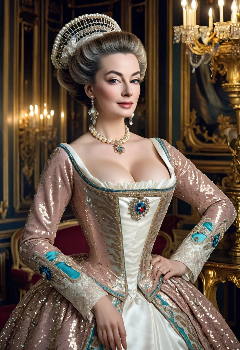 Front view , looking at viewer, Russian girl, 40 age old, (Blond hair, middle hair , wince, Gray eyes, beautiful lip, serious), (big breasts, slender whist, wide hip, real public hair) ,(Rococo 18the century dress, Red dress) , (gold earing , peal neckless. tiara with Dimond), standing pose, full-body, on floor . Palace, in Moskva, textured skin , HI detailed skin, (foreshortening, Canon, UHD, anatomically correct, super detail, high details, highness,
