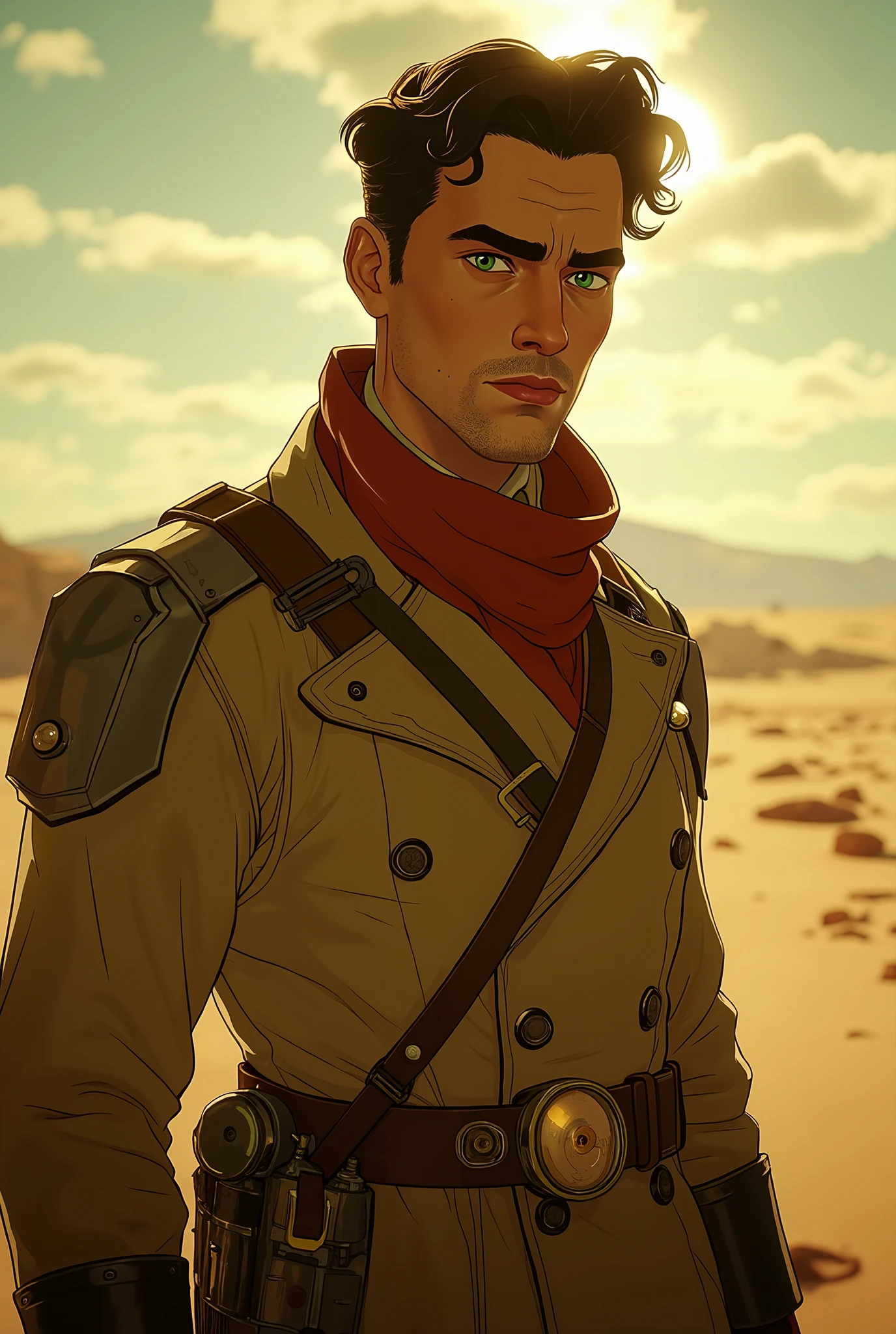 professional photo of pat32 a white guy, (wearing dirty beige coburn great coat), red Shemagh scarf, armour shoulder pieces, leather bandolier, perfect green eyes, large depth of field, warhammer 40k, deep depth of field, highly detailed, (bright, good lighting, bright frontal light), frontal image, standing in open desert terrain, sun, blue sky, looking to right, (Waist up portrait), si-fi communication device on belt, ((soft light illuminating face)), confident, manly, d13s3lp2nk
