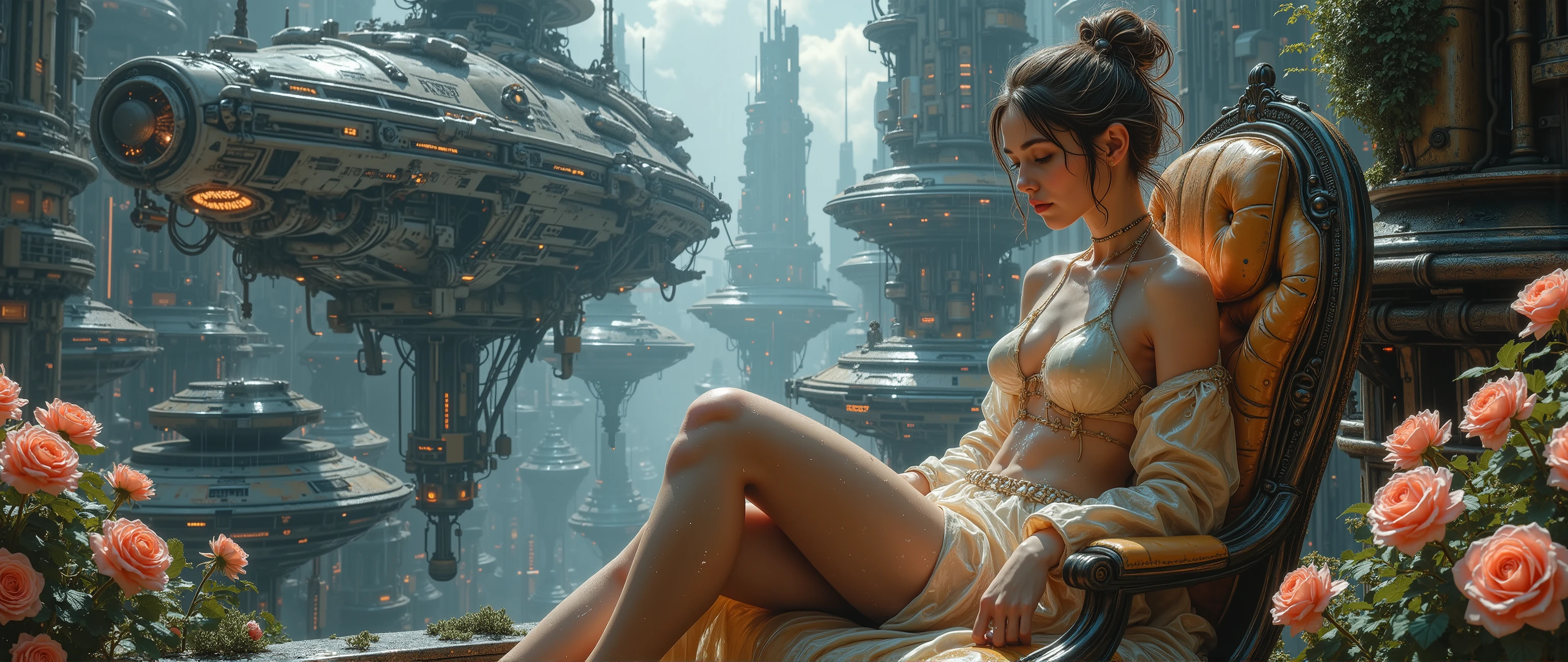 epic oil painting , 16 thousand., artistic masterpiece , correct gravity , The fantasy zone , 3000 years old , is a very futuristic landscape with fantastic warships and , , populated Coruscant megacolony , on the mysterious planet , HALO universe , , , , the incredibly beautiful and slender wet empress of the universe in a glamorous glass open blouse , sitting naked in the rain against the background of the space station at the table and cuddles with a girl as the captain of a spaceship, between them , formidable armored combat dreadnoughts , glamorous transparent clothes , Very high detail , lots of small details , This line , Background clarity , correct anatomy , high contrast and image clarity , Beauty, the incredibly beautiful European face of fashion model Claudia Slate , lots of bright colors, roses, many rare varieties of flowers , lots of greenery and moss , wants sex, orgasm on face, erotica , Totally naked , unclothed jacket , naked like Eva , the wind is blowing hair , with an emphasis on the buttocks , And then , , the galactic empress sits in her imperial throne and leads the galaxy