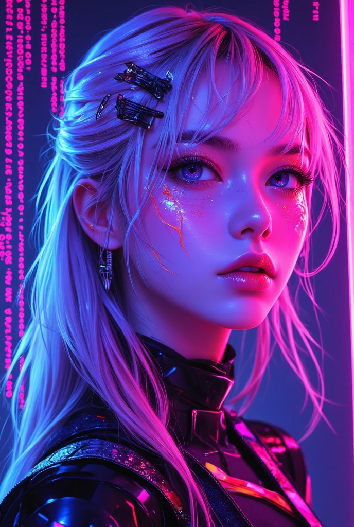 a close up of a woman with a neon top on, cyberpunk art inspired by Elsa Bleda, trending on pexels, holography, glowwave girl portrait, anna nikonova aka newmilky, neon lights in the background, bright cyberpunk glow, holographic neon highlights, neon cyberpunk highlights, iridescent neon, fashion neon light, neon lights in background