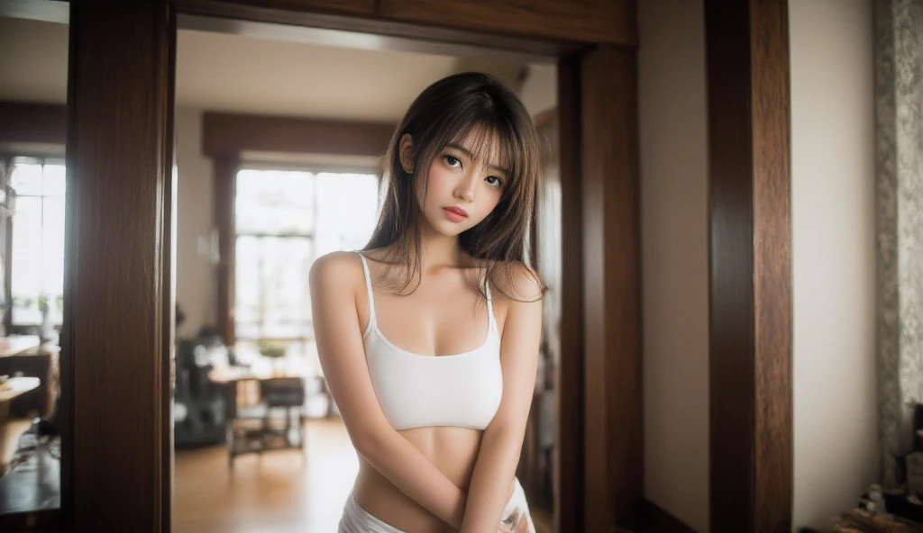 masterpiece, best quality, Super detailed, face camera, 複雑に詳細なSuper detailed, Practical, Distinctive features, Very detailed, Clear focus, Perfect face, Perfect face, Perfect eyes with perfect symmetry, Perfect plump lips, Flexible female form, Movie, lamp, Super detailed, hyper Practical, masterpiece, atmosphere, high resolution, energetic, 动态工作室lamp光, ((Dark background)), Endure the expression of happiness, Straight bangs, blue eyes,Expression of sexual arousal、Her black thong can be seen through the fabric、(((，Lean forward))),((lead bullet))