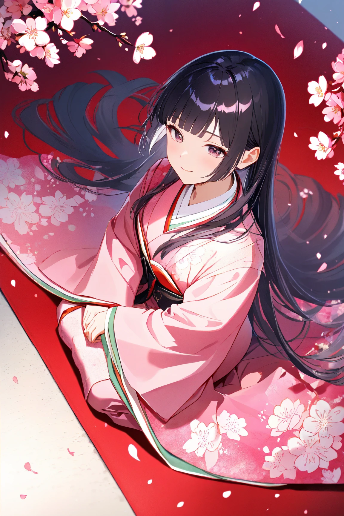 (masterpiece:1.2), (best quality:1.2), (very aesthetic:1.2), (absurdres:1.2), ultra-detailed,extremely detailed,beautiful,extremely detailed CG,ultra detailed background, 8k,16k,perfect hair, perfect fingers,BREAK,,a girl,(solo),beautiful,mouth open, (blunt bangs), black hair,long hair, blunt ends,((parted bangs)), black eyes,(pink kimono with floral pattern),((dark red haori with floral pattern)),smiling,((peach blossom)),full body,
BREAK,flat style,spring atmosphere,pink pastel colors,(Hinamatsuri Clothing:1.5),
, peach blossom, kimono,seiza,red carpet,dynamic angle,peach blossoms petals,12hitoe,heian era