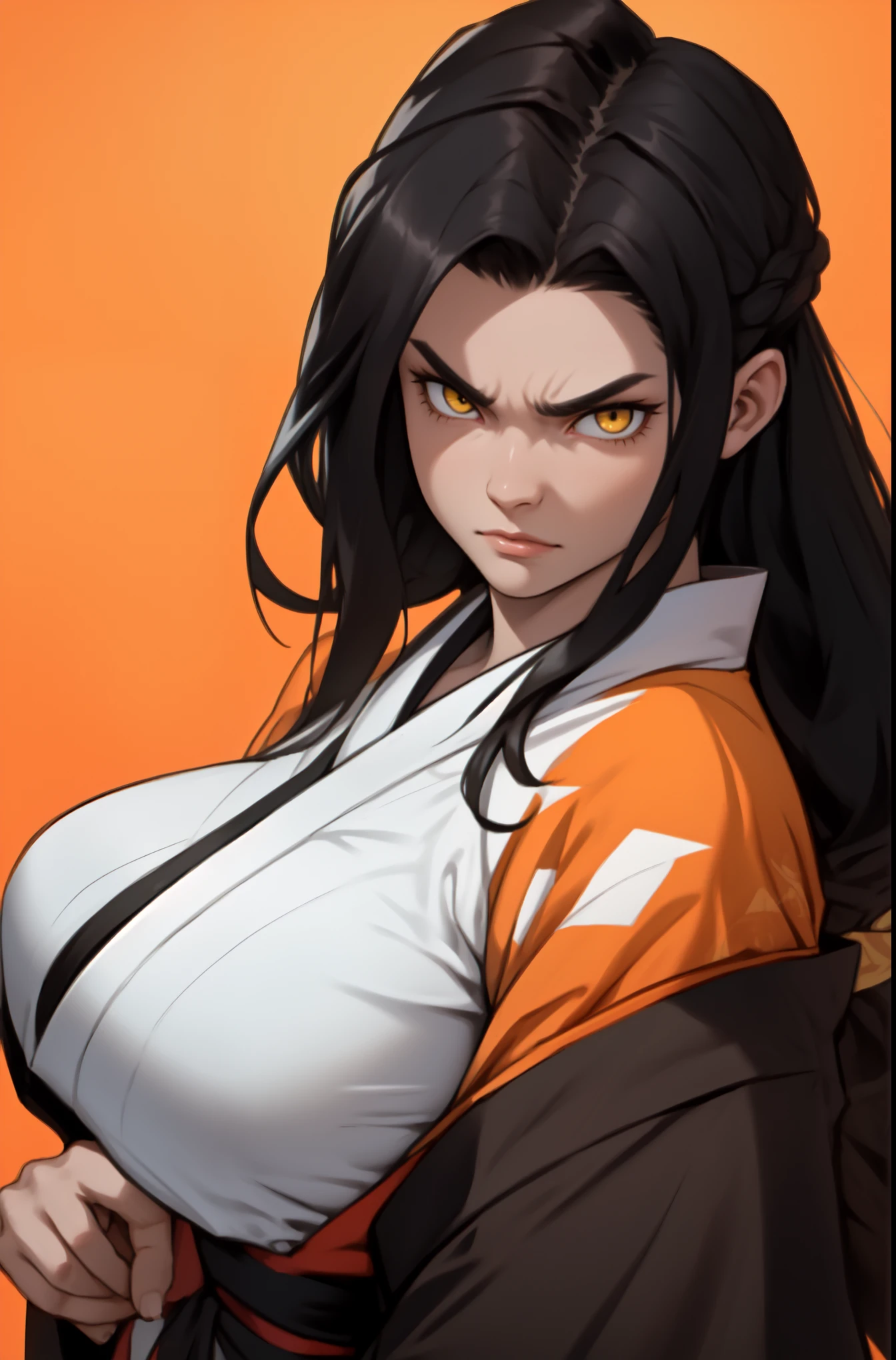 (1girl), black hair, (extremely long hair), yellow eyes, ((muscular)), (kimono), huge breasts, thick thighs, solo, angry, (pale skin)