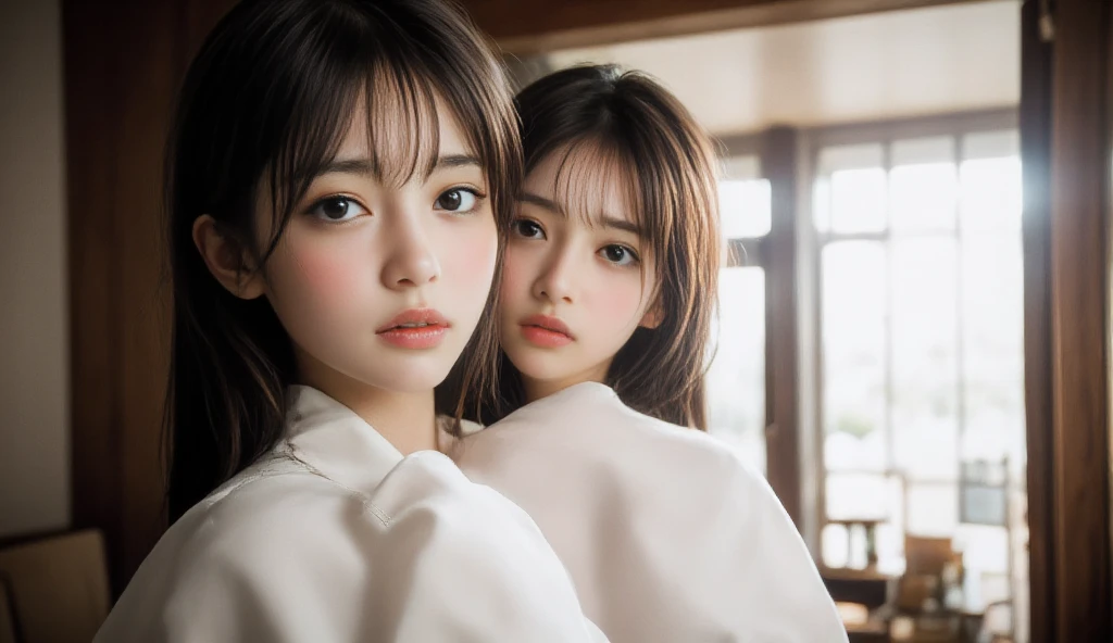 （(​masterpiece:1.4、top-quality))、2 heads、short-hair、extra detailed face、Detailed skin、(Beautiful japanese girl:1.05)、thin bunches of bangs、knit、White Room、white walls