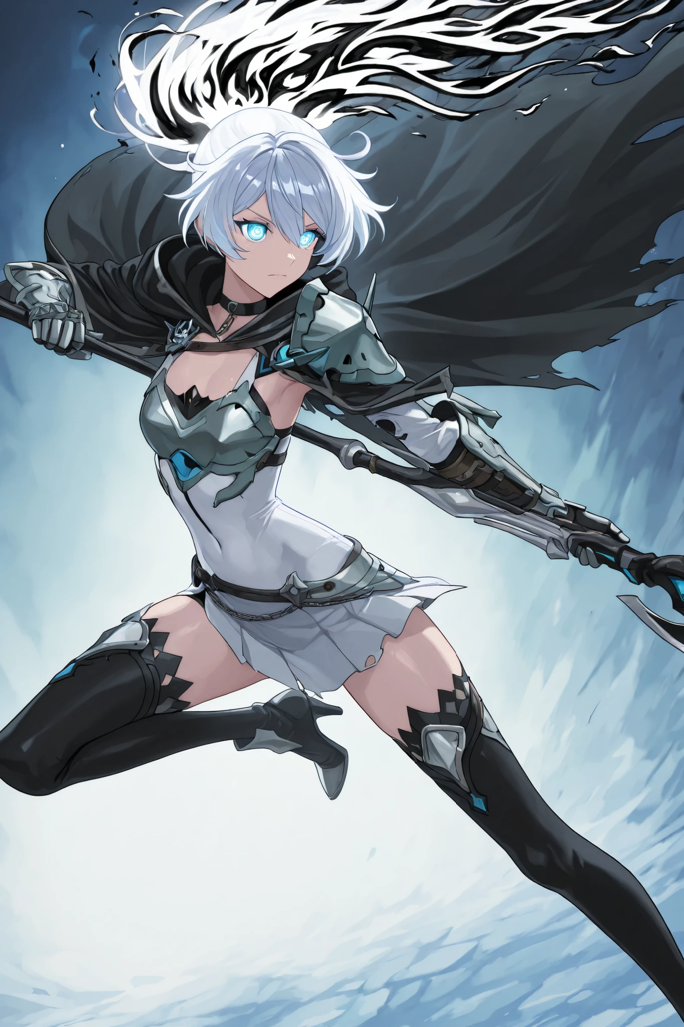 Anime illustration, detailed anime artstyle, cinematic, backlighting, backlit, cold light, colorful, light reflection, solo, 1girl, asymmetrical armor, detailed skin, extremely detailed eyes, dynamic pose, Kiana, pure shining white hair, [long hair, high ponytail|(black flames, burning hair:1.2):0.4], kiana kaslana, flat chest blue eyes, bright eyes, glowing eyes, ringed eyes, HoF_Def, dress, white denim jacket, white breastplate, clothing cutout, broken armor, cracked armor, battle dress, (broken clothes, clothes break:1.1), [shredded cape, broken cape|burning wings], [blue liquid flames, wielding a greatsword|(swordstaff, glaive, black flames, black napalm:1.2):0.5], sports bra, cloak, d4rkr34p3r, [armor:pauldrons, hood], choker, gauntlets, [chain:thighhighs], half-skirt, high heel boots, closed mouth, serious expression