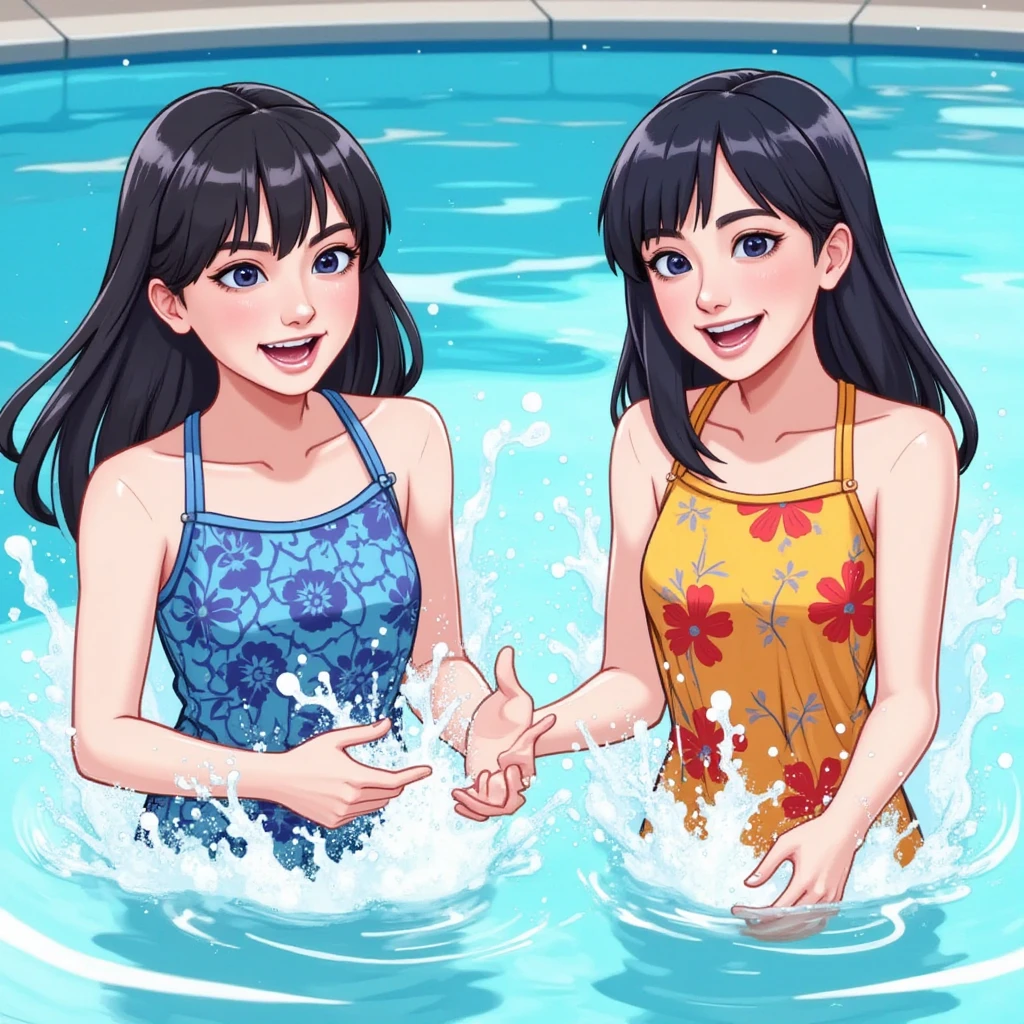 Beauty mother-in-law Black Hair Mother and daughter have beautiful breasts hair band wedding ring My mother is a competitive swimmer My daughter is wearing a navy blue school swimsuit. Pool