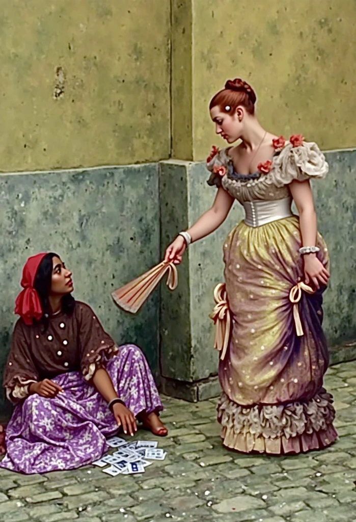 A 19th-century oil painting depicting an elegant lady in a luxurious satin gown with puffed sleeves, lace details, and delicate floral decorations. She stands gracefully, holding a folding fan, while engaging with a fortune teller sitting on the cobblestone street. The fortune teller wears a bohemian-style dress with a patterned skirt and a red headscarf, spreading tarot cards on the ground. The background consists of an aged, weathered wall with muted green and yellow tones, creating a contrast between the social classes. The painting features rich textures, visible brushstrokes, and a warm, slightly faded color palette, evoking the realism and romanticism of 19th-century European art.