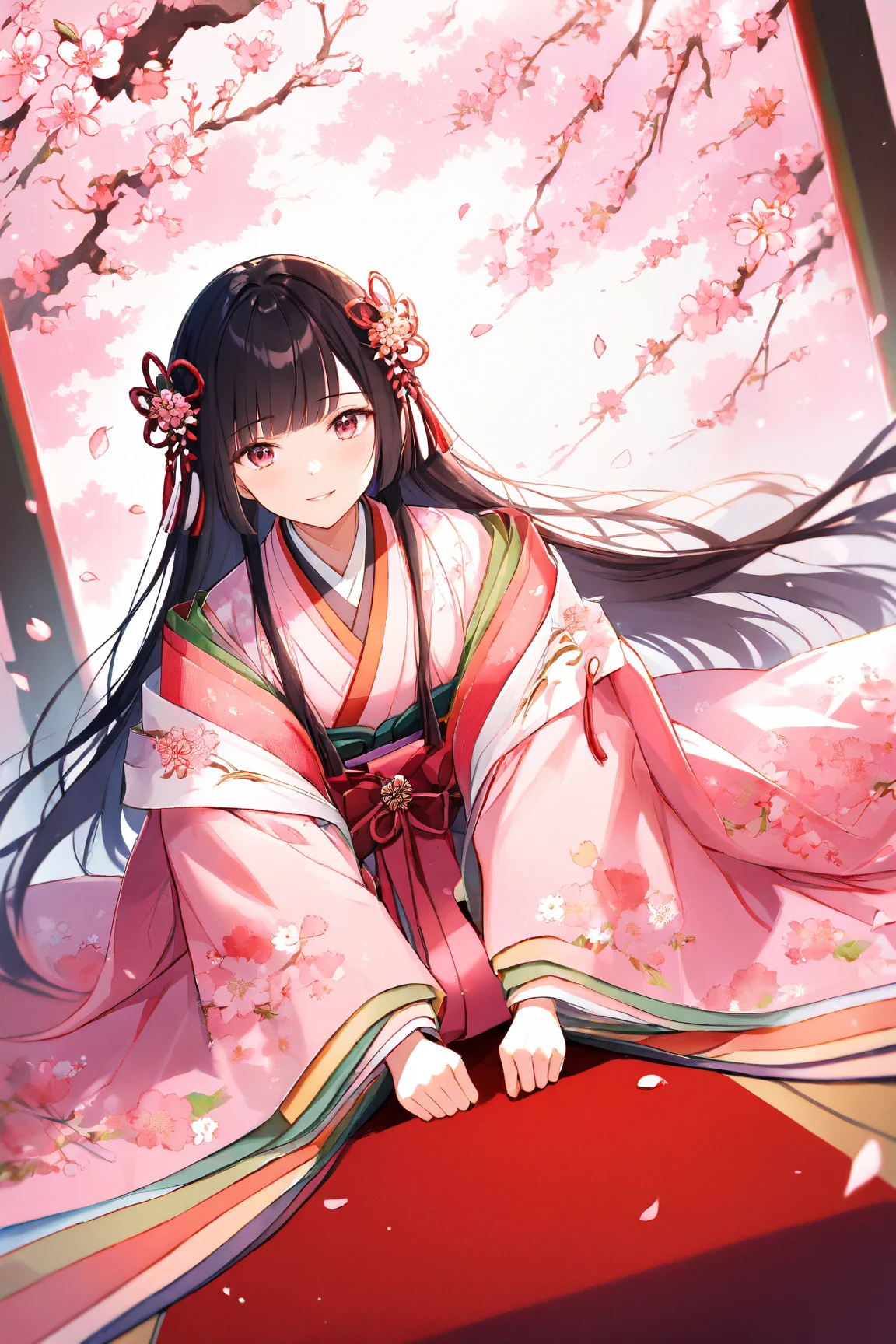 (masterpiece:1.2), (best quality:1.2), (very aesthetic:1.2), (absurdres:1.2), ultra-detailed,extremely detailed,beautiful,extremely detailed CG,ultra detailed background, 8k,16k,perfect hair, perfect fingers,BREAK,,a girl,(solo),cute,ars old,mouth open, (blunt bangs), black hair,long hair, blunt ends,((parted bangs)), black eyes,(pink kimono with floral pattern),((dark red haori with floral pattern)),smiling,((peach blossom)),full body,
BREAK,flat style,spring atmosphere,pink pastel colors,(Hinamatsuri Clothing:1.5),
, peach blossom, kimono,seiza,red carpet,dynamic angle,peach blossoms petals,12hitoe,heian era, glittering