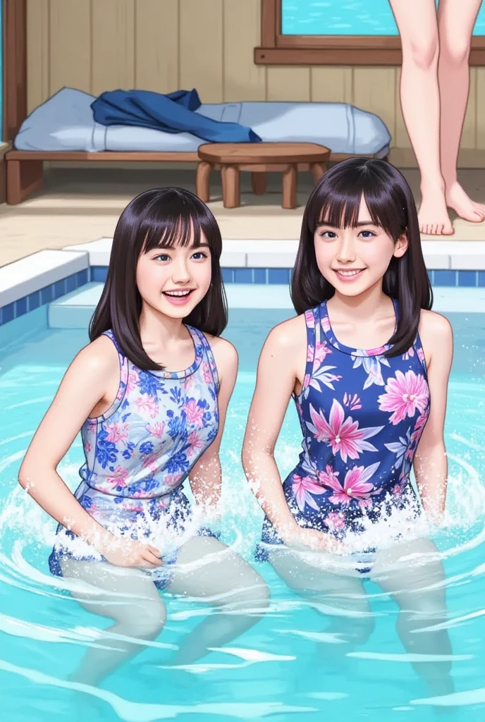 naked、super flat, flat shading, flat color star piece, highest quality), , young 13 y short summer dress, panty shot, long hair, smile, fun, smile, play, (sitting on the bench), (spread your legs), background railway, summer, bright色, bright, watercolor,
