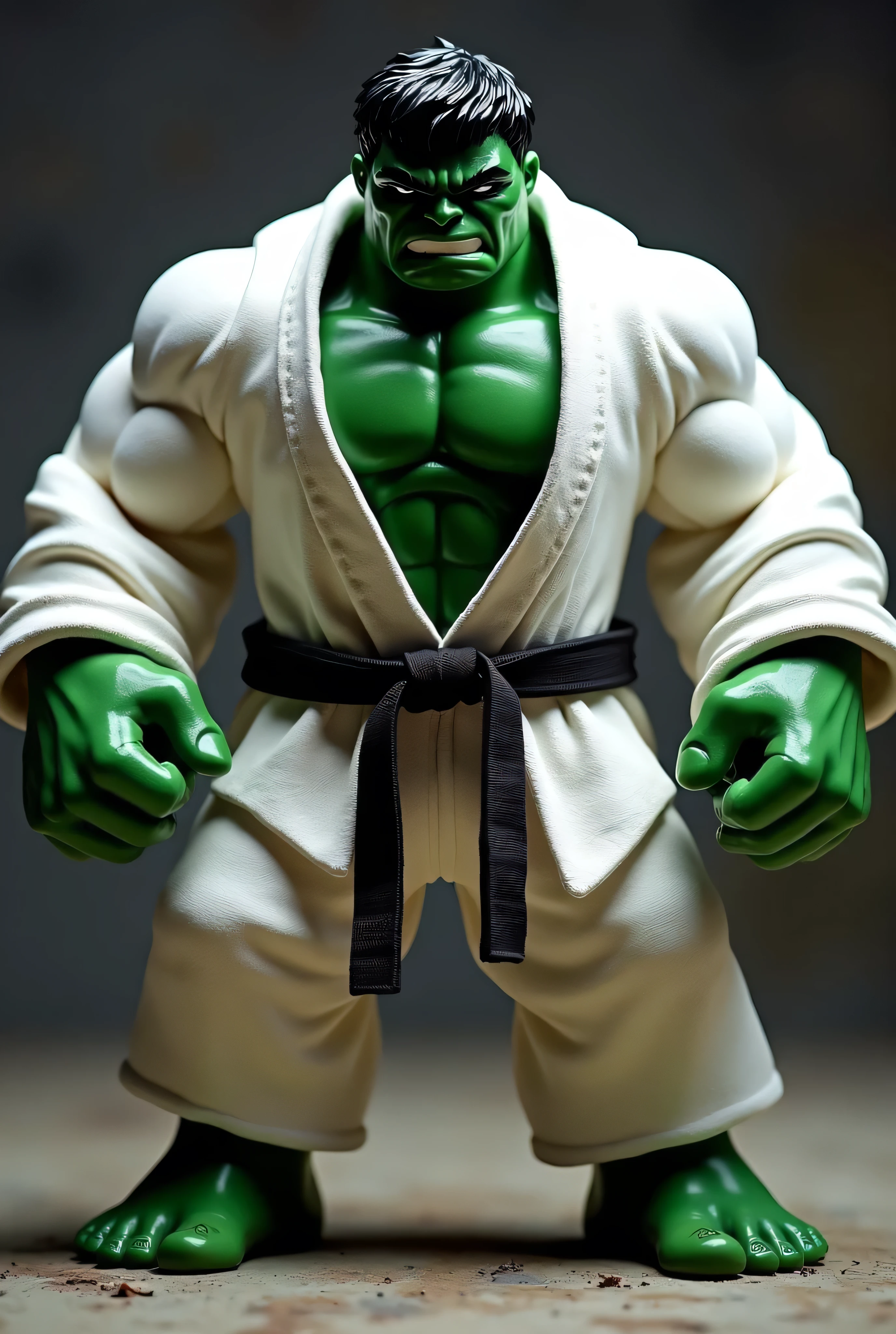 HULK WITH THE GREEN BODY,  WEARING WHITE Jiu Jitsu KIMONO WITH LONG SLEEVES , long and RIPPED pants , black Belt, GIANT MUSCULAR, fully body, drawing style, white background