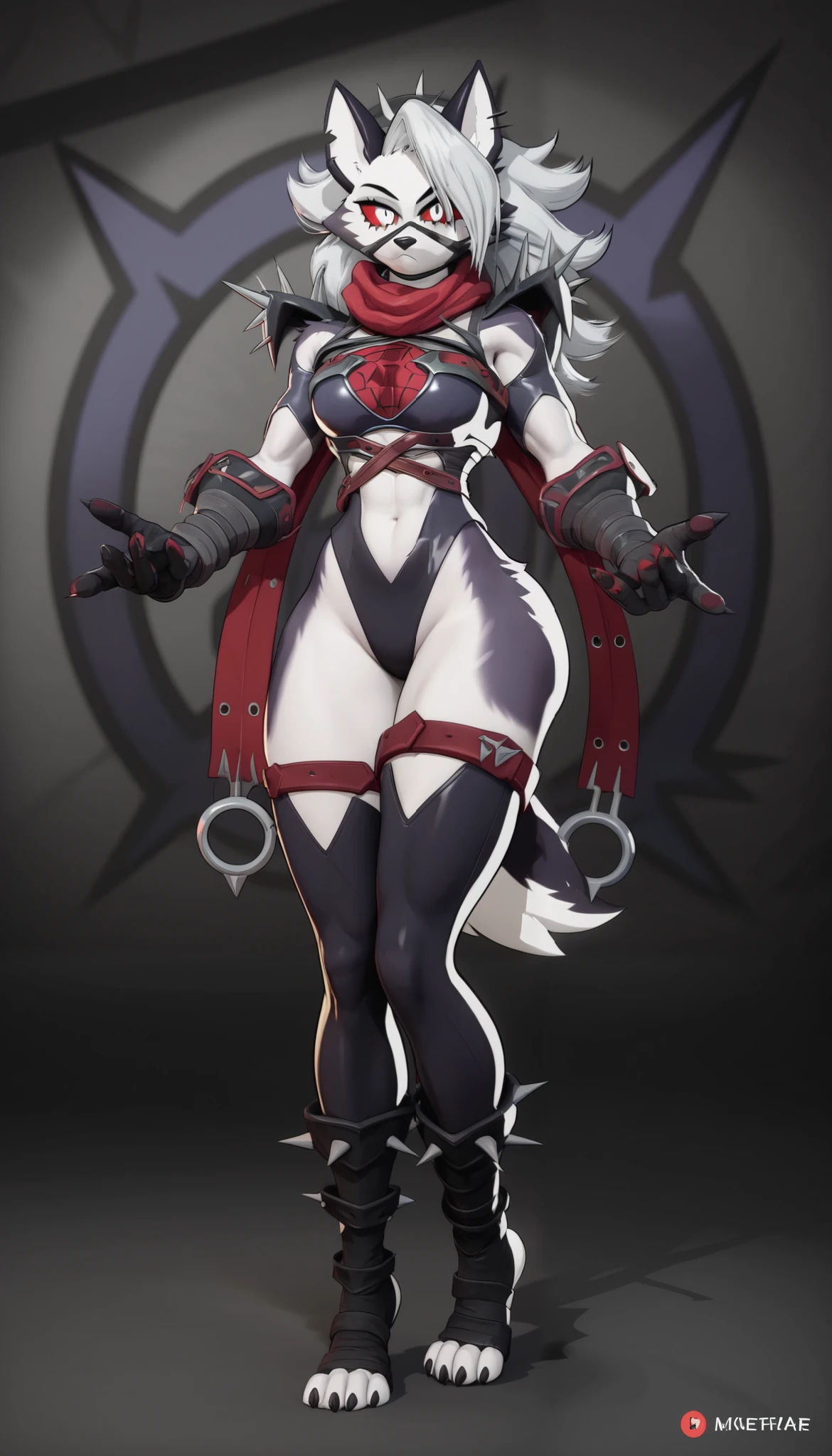 (Loona), (Malice), Marvel Rivals, Helluva Boss, furry female, anthro, (masterpiece), (high resolution), ((My Hero Academia style)), (solo full body portrait), adult Female, 20 year old, tall, (athletic figure), (toned body), (grey fur), (white underbelly), (black nose), (long grey hair), (cute white eyes), (red sclera), (annoyed frown), leather gloves, black leather bandage mask, armor, boots, red scarf, Long scarf with 2 spiked rings at the end, bandage leather leotard, clothing cutout, black thigh strap, toeless leather bandage legwear with spikes, shoulder armor with spikes, (Broad thighs), (wide hips), (wide calves), (slender waist), (medium breasts), (ready for battle:1.2), (Full body photo:1.5), (Perfect Anatomy), (Perfect hands), (Looking at the Viewer), (Dynamic Pose), (super detailed), (Simple Background),