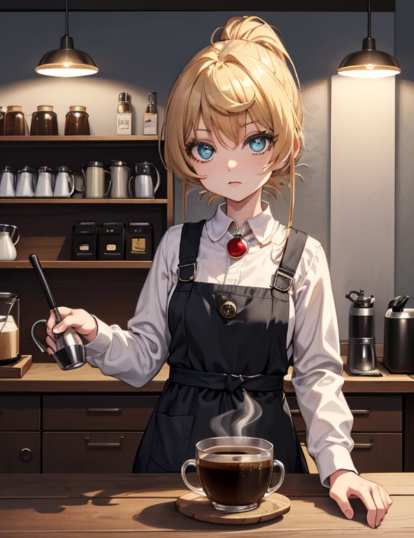 1 girl, adult, messy hair, Medium hair, light blue eyes, black shirt, black jeans, beige apron, work,  Coffee brewing, cafe, concentration, look away, be happy, warm and comfortable, cool, illustration, Masterpiece, Ghibli, perfection, High quality, converse shoes, Behind the bar counter, do her work, Sunny, black cross earrings, anime , Warm atmosphere,